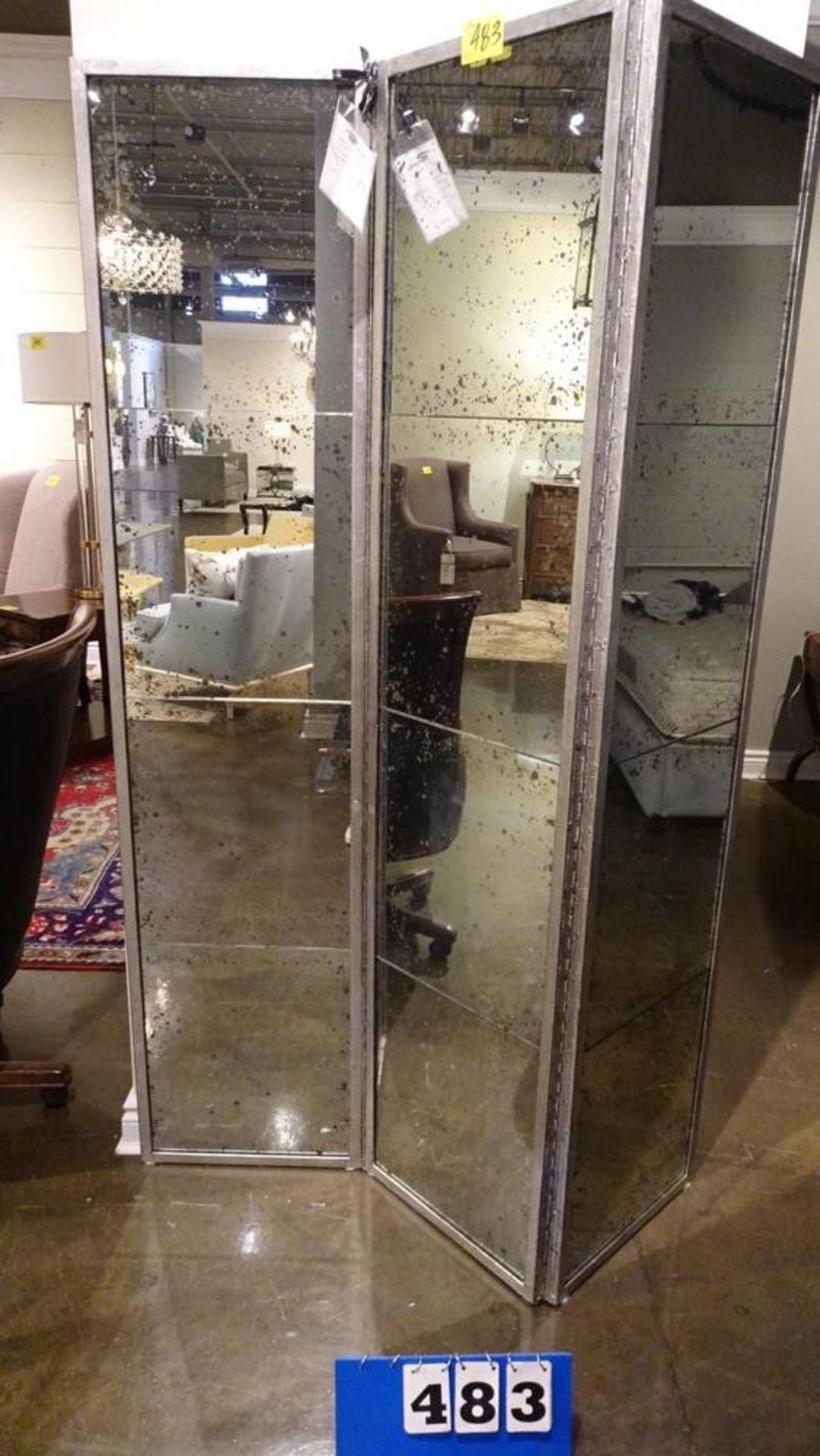 ROOM DIVIDER SCREEN - 3 PANELS, ANTIQUED MIRROR, ANTIQUE SILVER TRIM (MSRP $5850) - Image 2 of 5