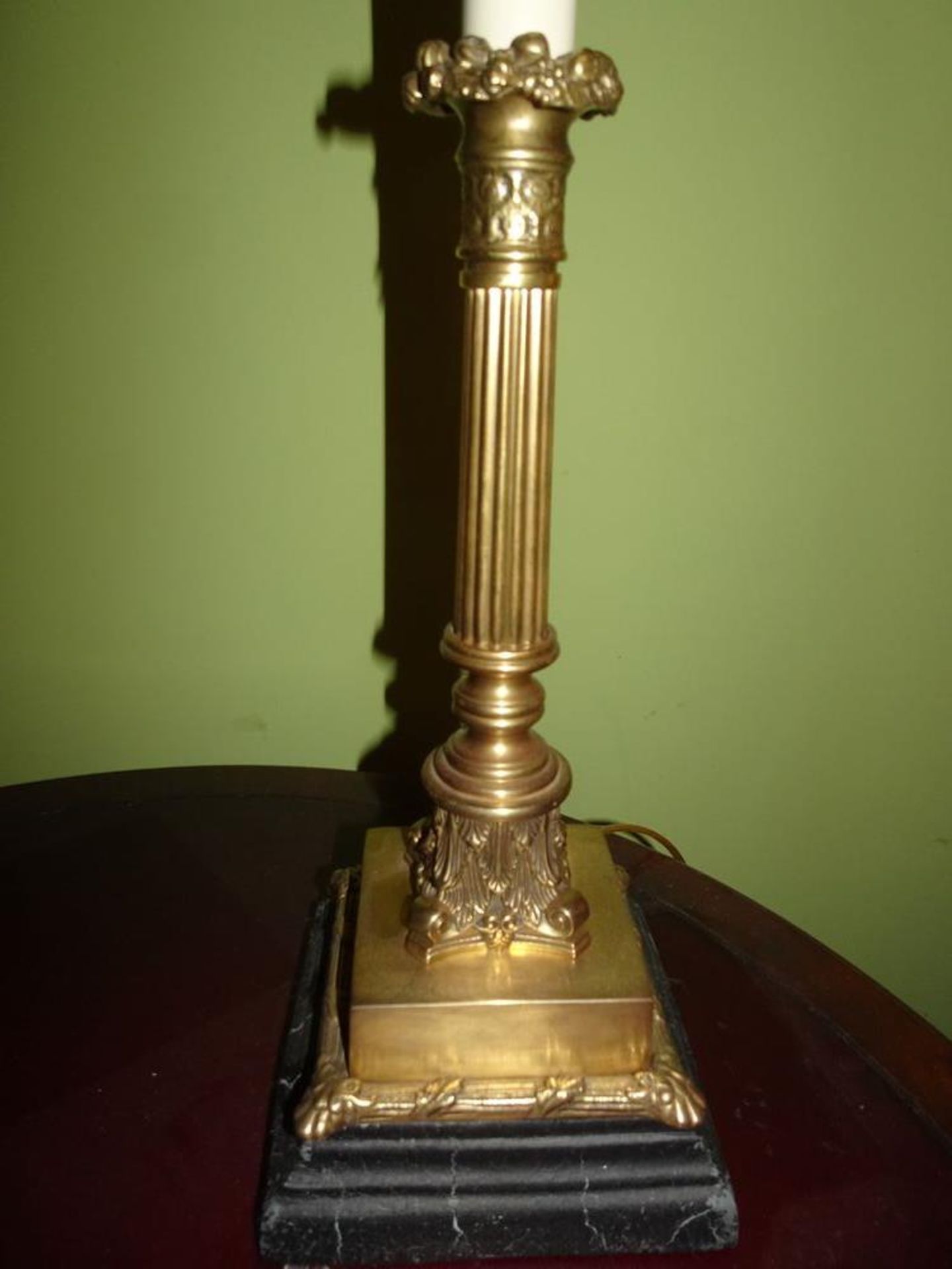 LOT (2) TABLE LAMP - ANTIQUE BRASS BASE, SILKEN SHADE (DAMAGE TO ONE SHADE) - Image 3 of 10