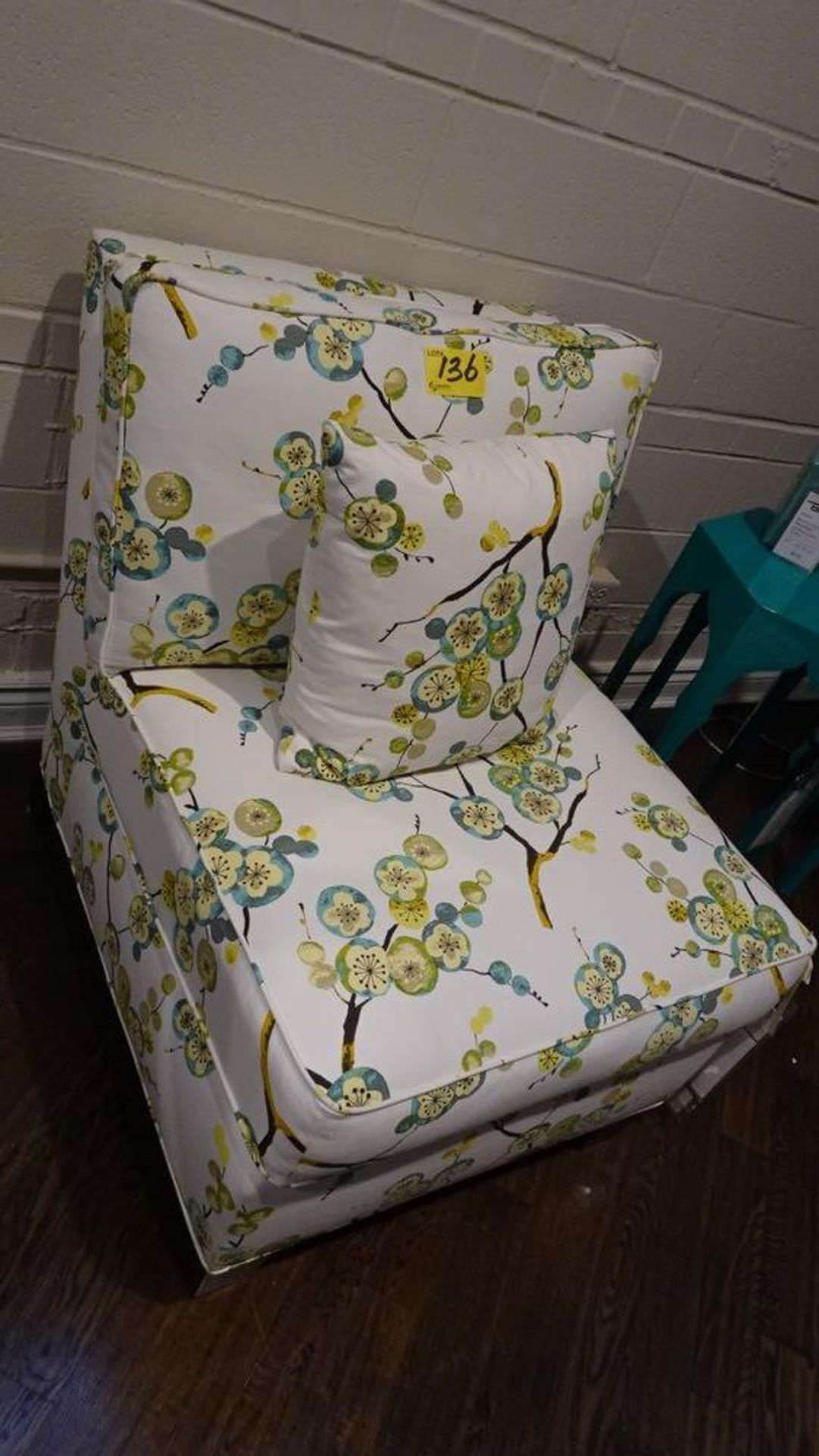PAIR OF ARMLESS ACCENT CHAIRS - FLORAL CITRUS W/ TOSS PILLOWS (MSRP $3570) - Image 3 of 3