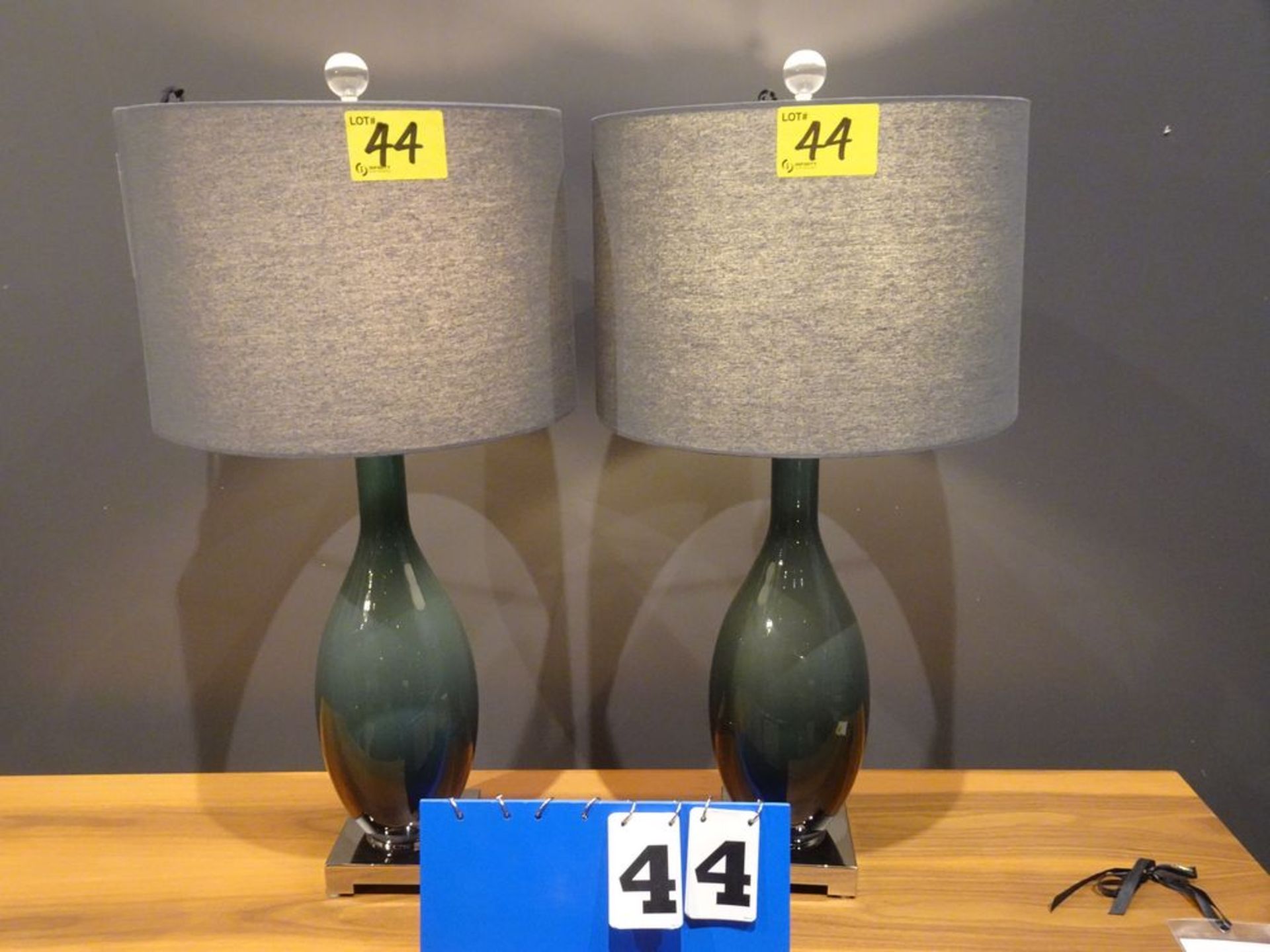 PAIR OF TABLE LAMPS - GREY GLASS BASE, LINEN SHADE