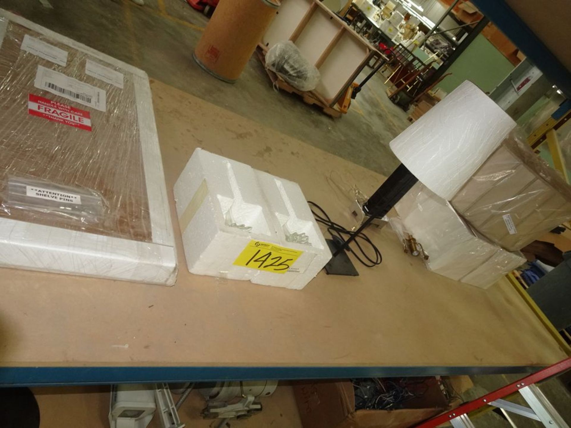LOT-MISC. LAMP SHADES, BASES, CRYSTAL PIECES, KNIVES, SHELVES, ETC.