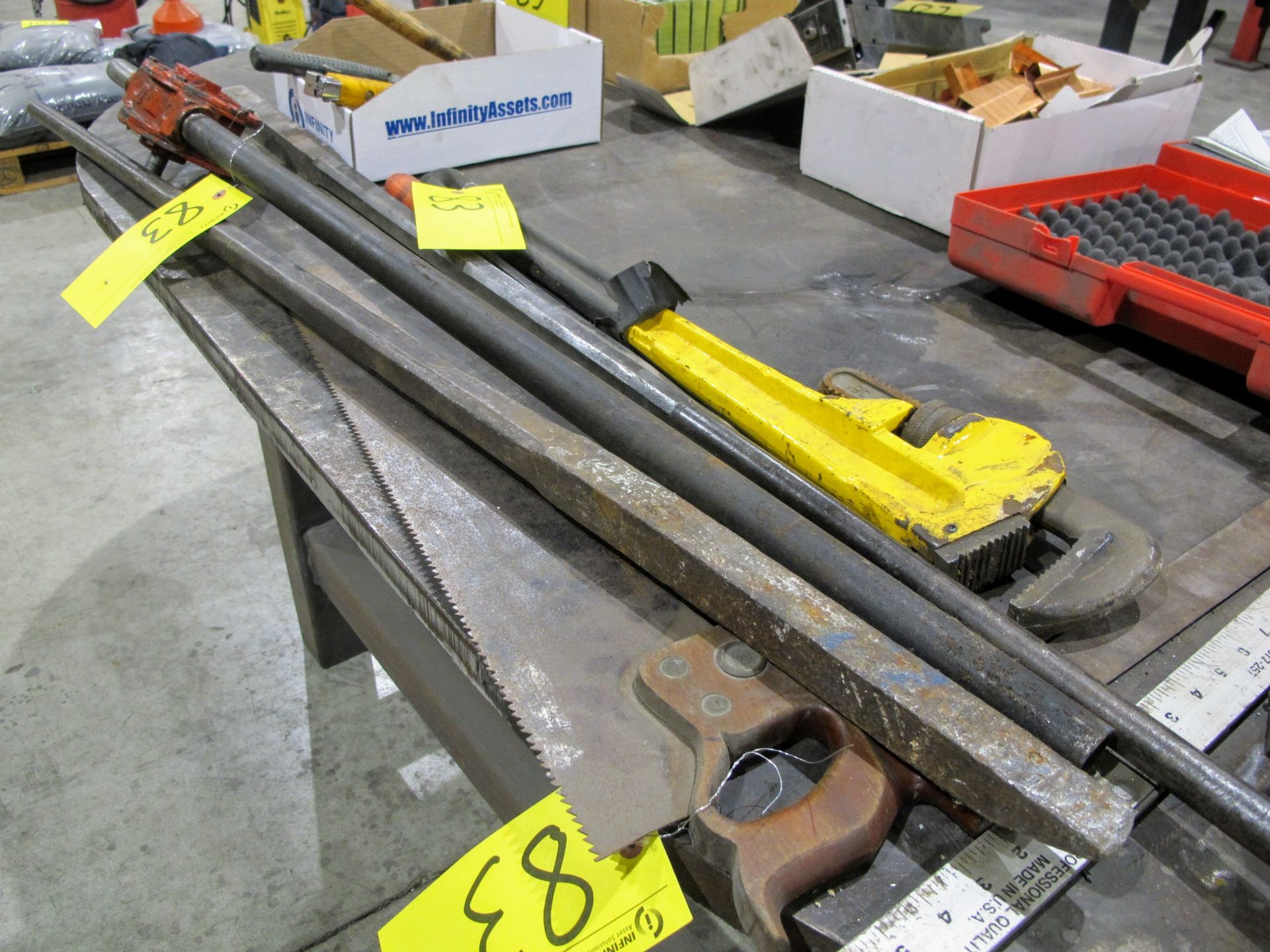 36" PIPE WRENCH, BARELL PUMP, SAW, SQUARE, HAMMERS