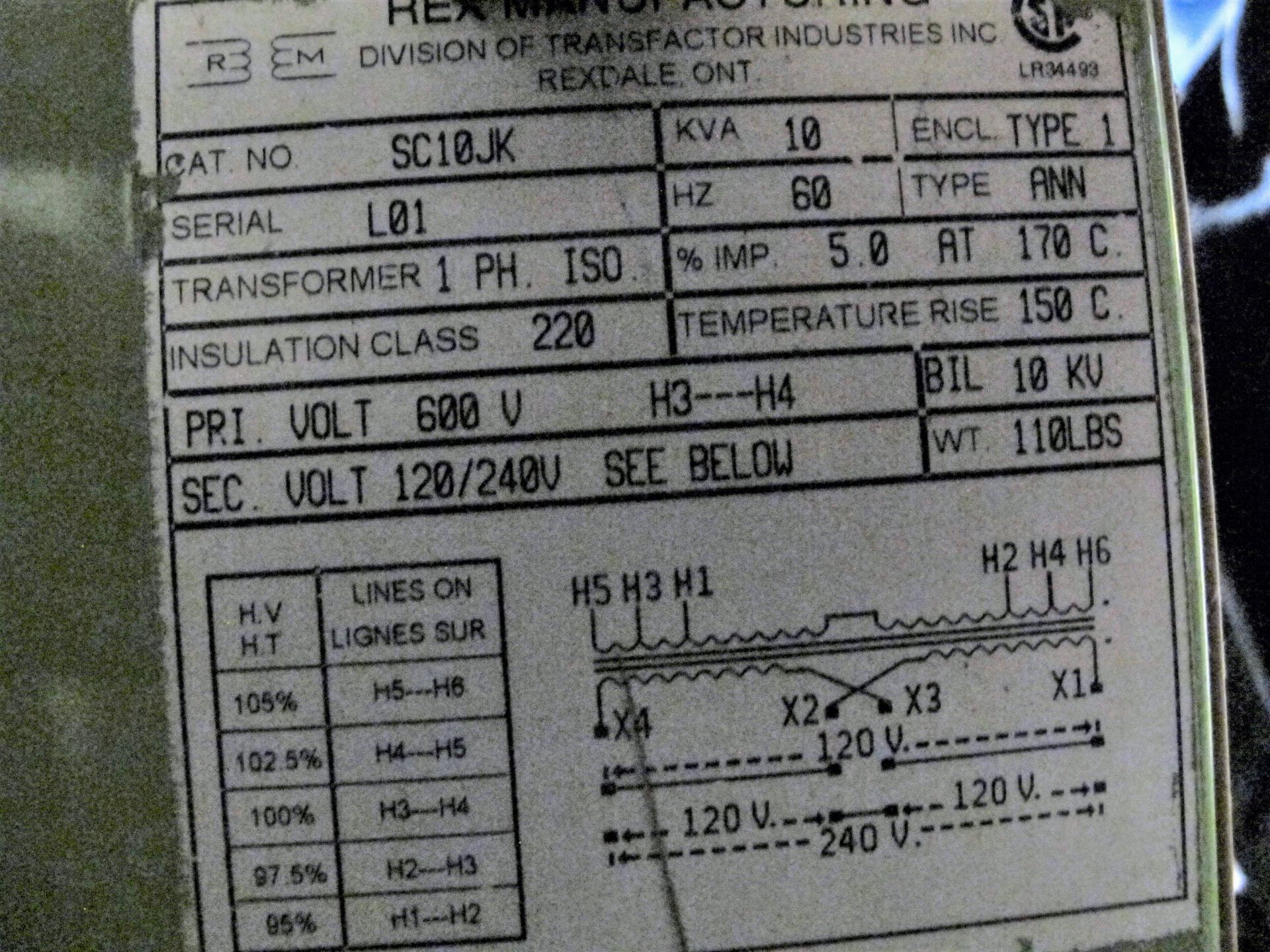 REX MANUFACTURING TRANSFORMER, 10 KVA, 600/180/240V - Image 2 of 2