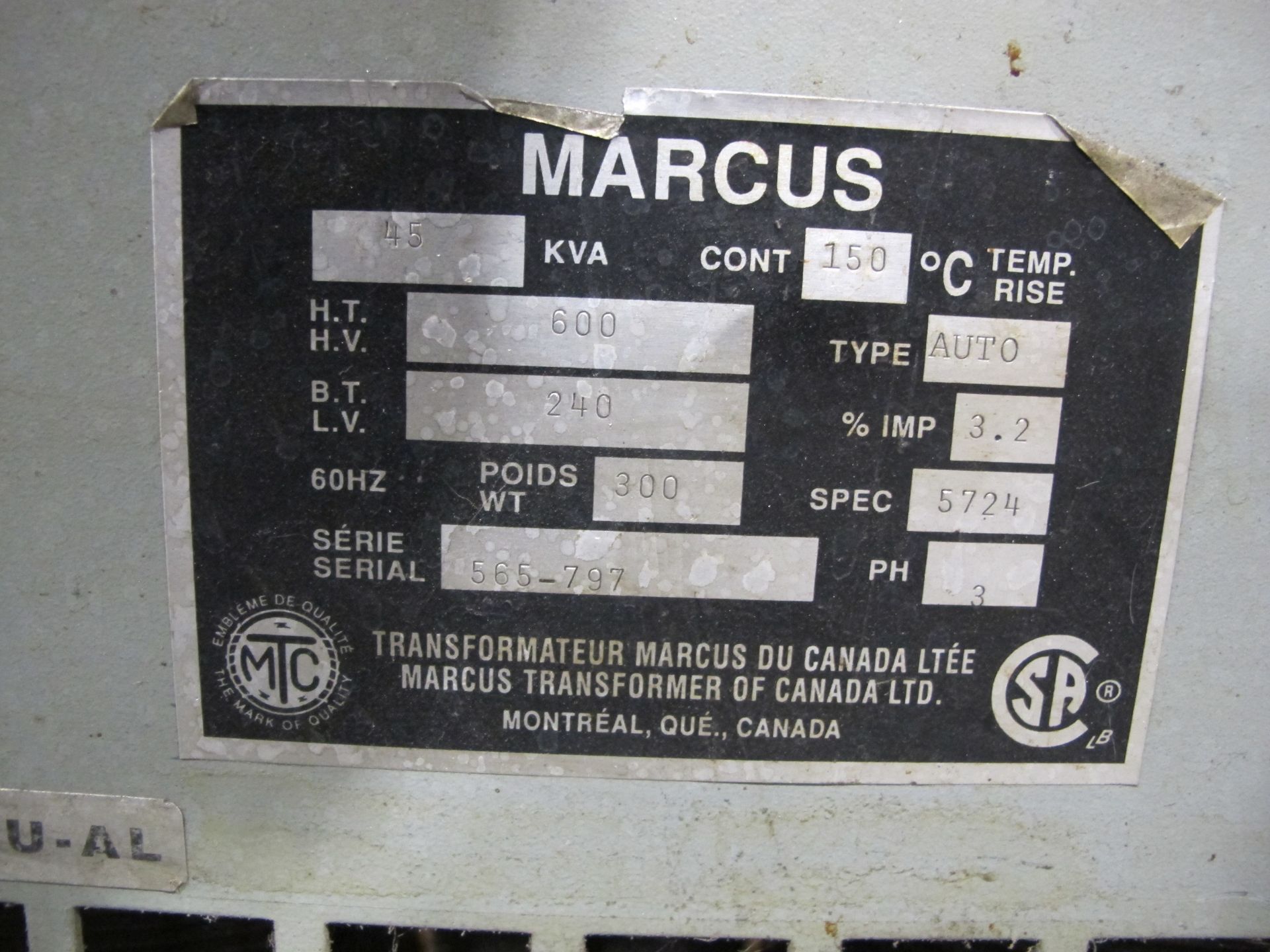 TRANSFORMER - MARCUS 15 KVA, 600V/240V - Image 2 of 2