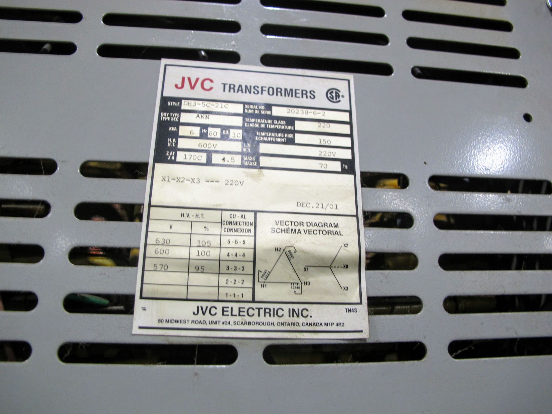 JVC TRANSFORMER 6KVA, DRY TYPE, 600V/2201V - Image 2 of 2