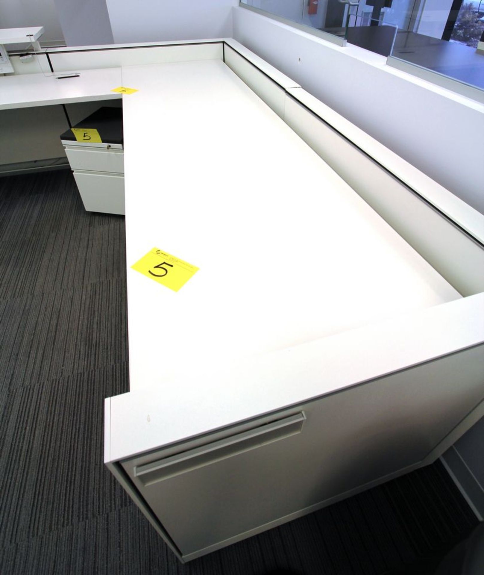 L-SHAPED 20" X 95" - 102" RECEPTION DESK C/W (2) FOLING & STORAGE CABINETS, ALL POWERED - Image 2 of 4