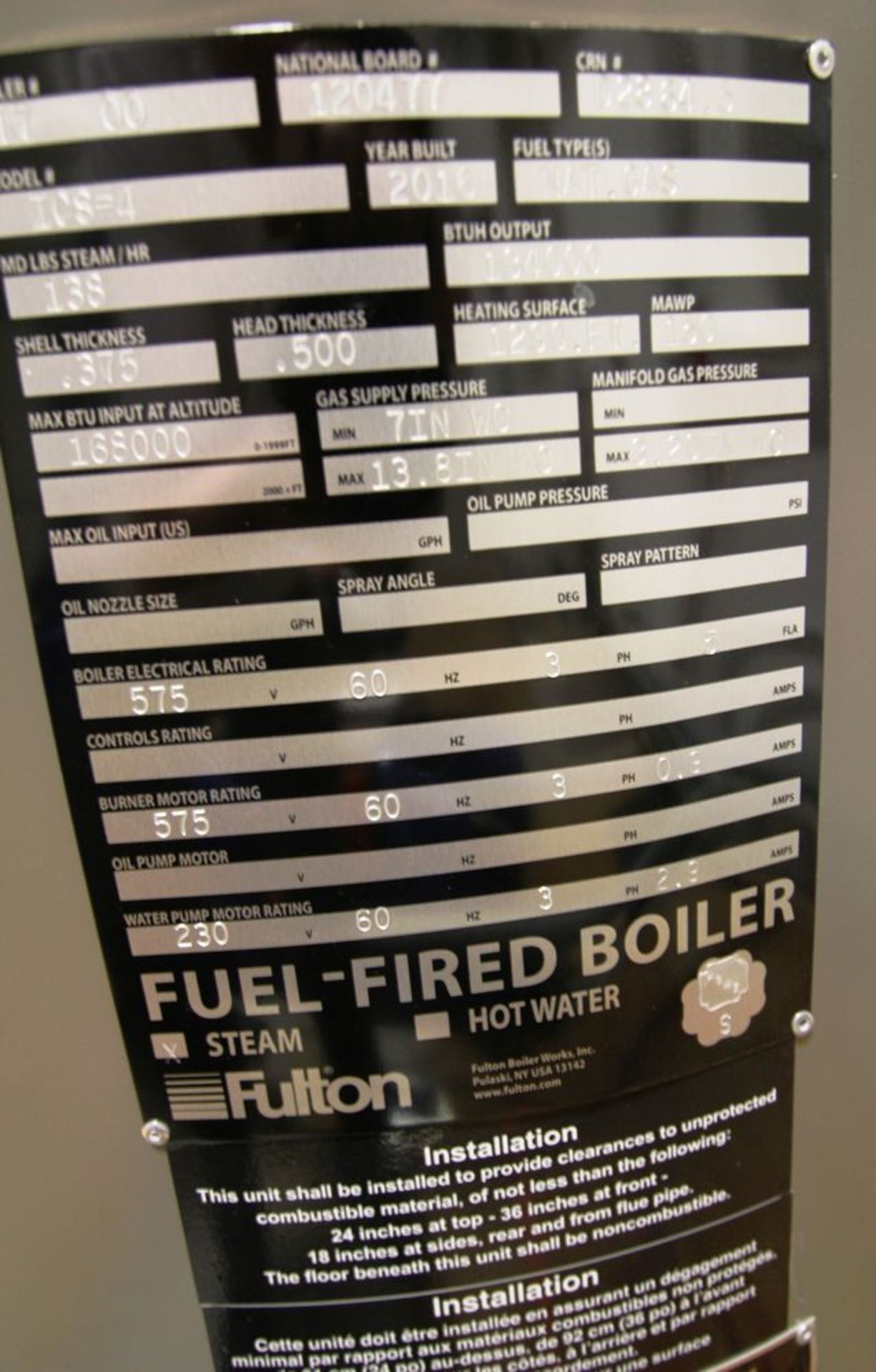 2016 FULTON MODEL TCS-4 STEAM FUEL-FIRED BOILER MOUNTED ON STEEL BASE, 134,000 BTU, 12 SQ FT HEATING - Image 11 of 25