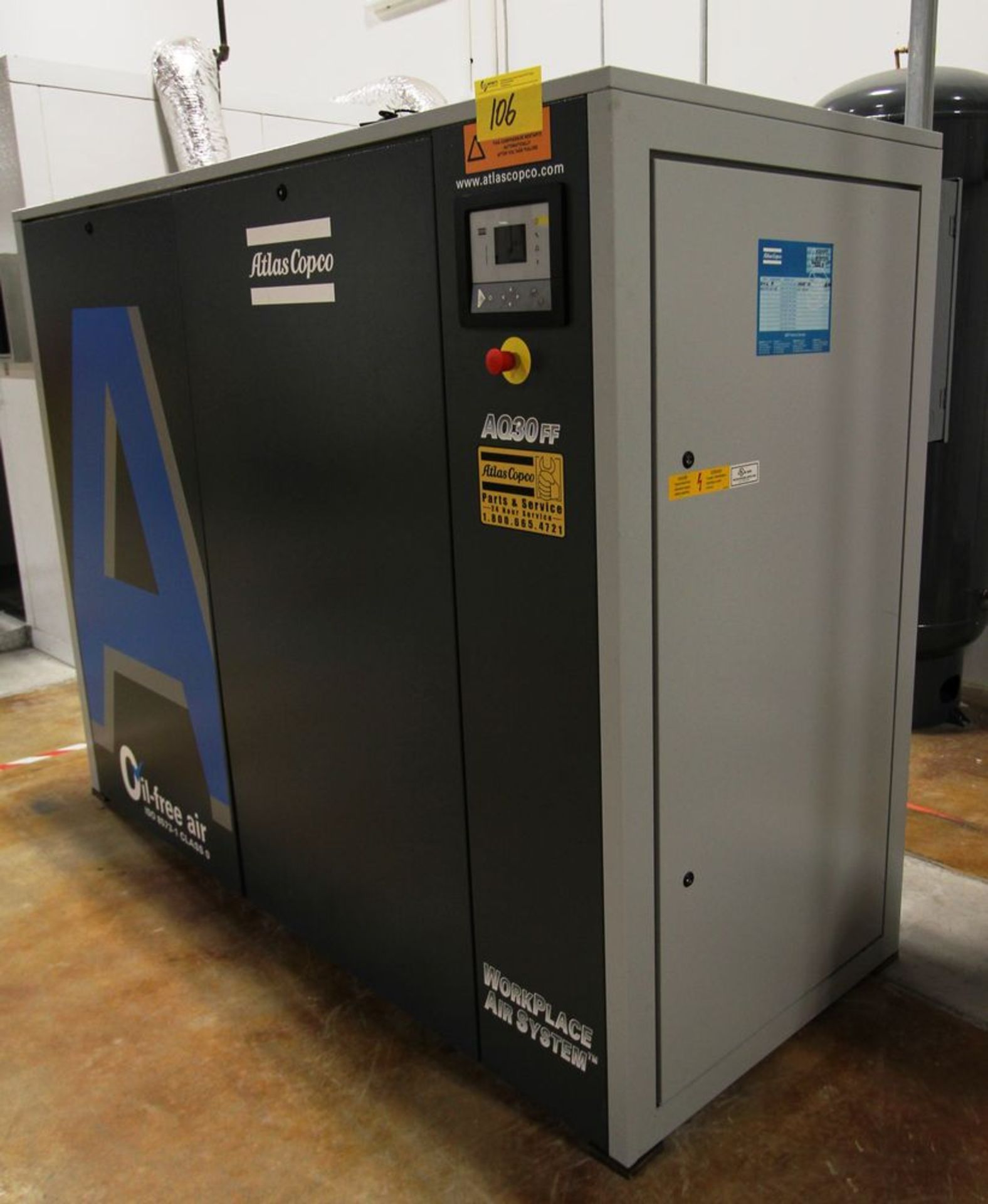 2016 ATLAS COPCO AQ30 WORK PLACE AIR SYSTEM AIR COMPRESSOR, OIL FREE, ISO 8573-1, CLASS B, 40HP, - Image 2 of 21