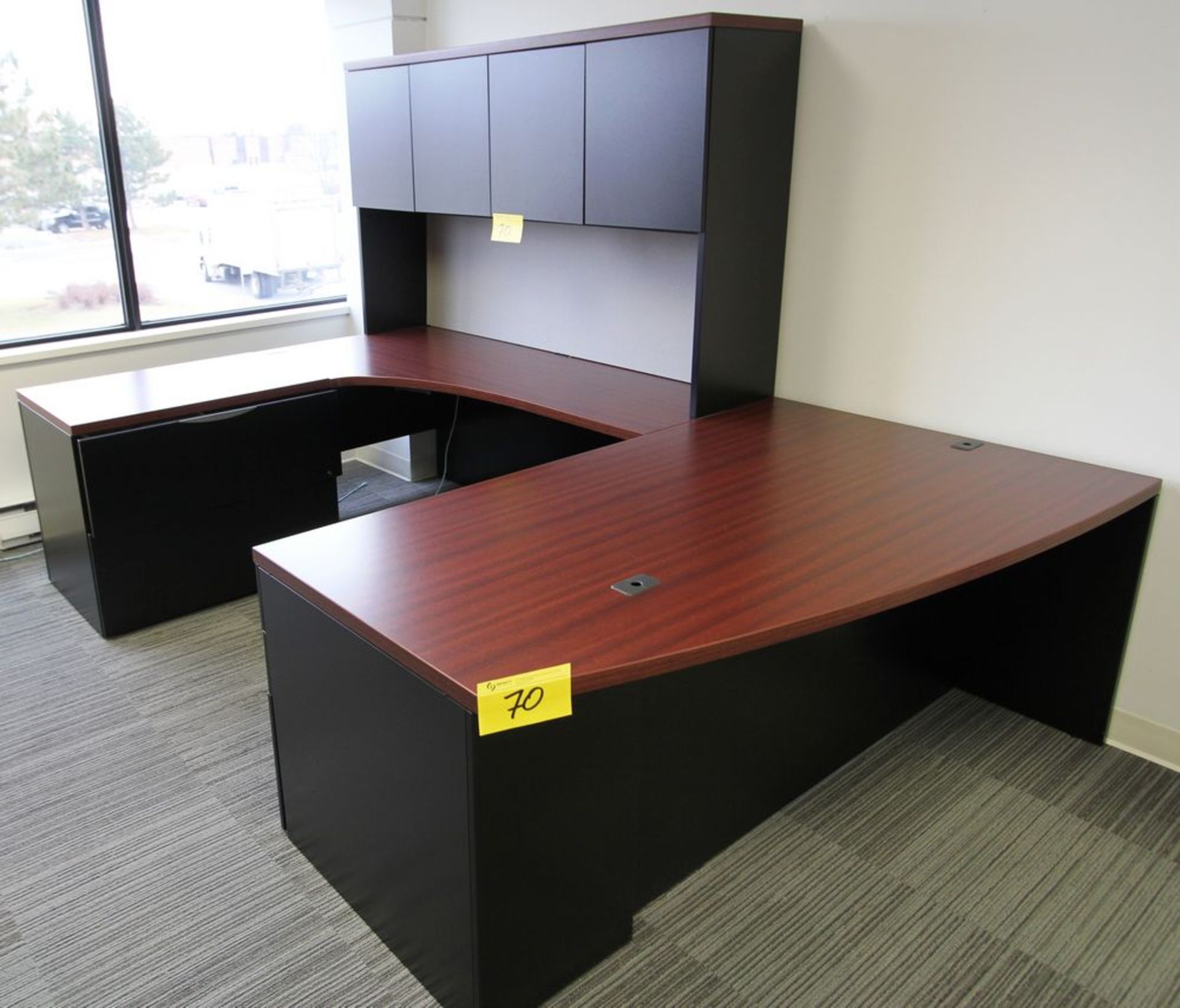 U-SHAPED DESK W/ OVERHEAD STORAGE, FILING CABINET AND MATCHING STORAGE CABINET