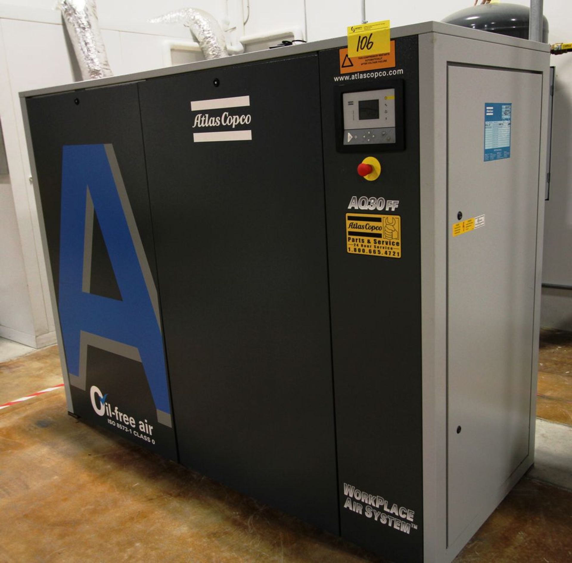 2016 ATLAS COPCO AQ30 WORK PLACE AIR SYSTEM AIR COMPRESSOR, OIL FREE, ISO 8573-1, CLASS B, 40HP,