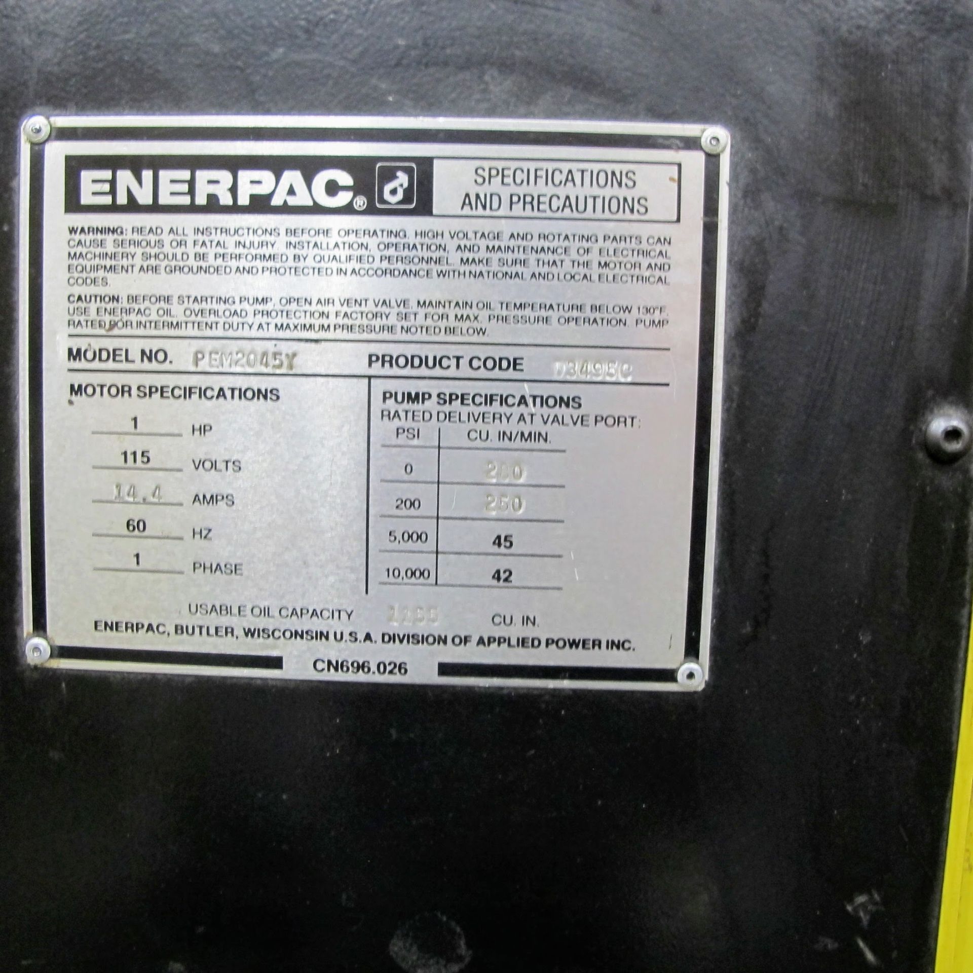 ENERPAC PEM2045Y HYDRAULIC POWER PACK W/RAM - Image 4 of 4