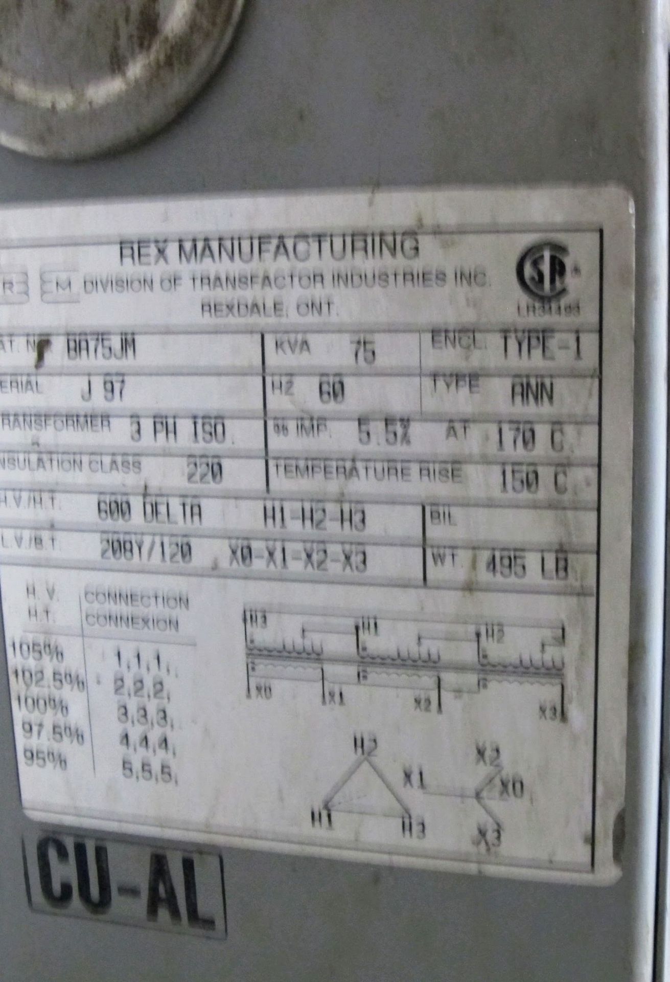 REX TRANSFORMER 75KVA, 3 PHASE, 600V - 208V - Image 2 of 2