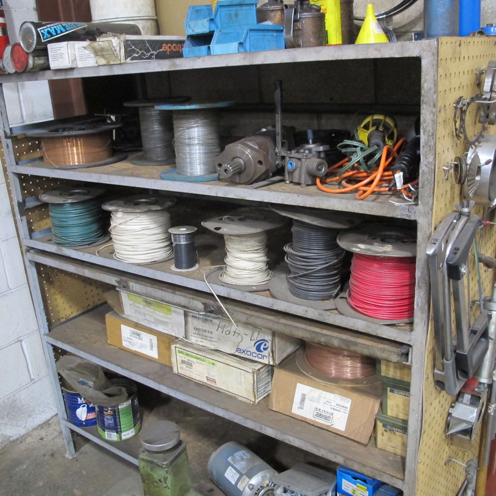 5 LEVEL SHELVING UNIT W/TOOLS, WIRE SPOOLS, WELDING WIRE, ELECTRODES, BAND SAW BLADES, ETC