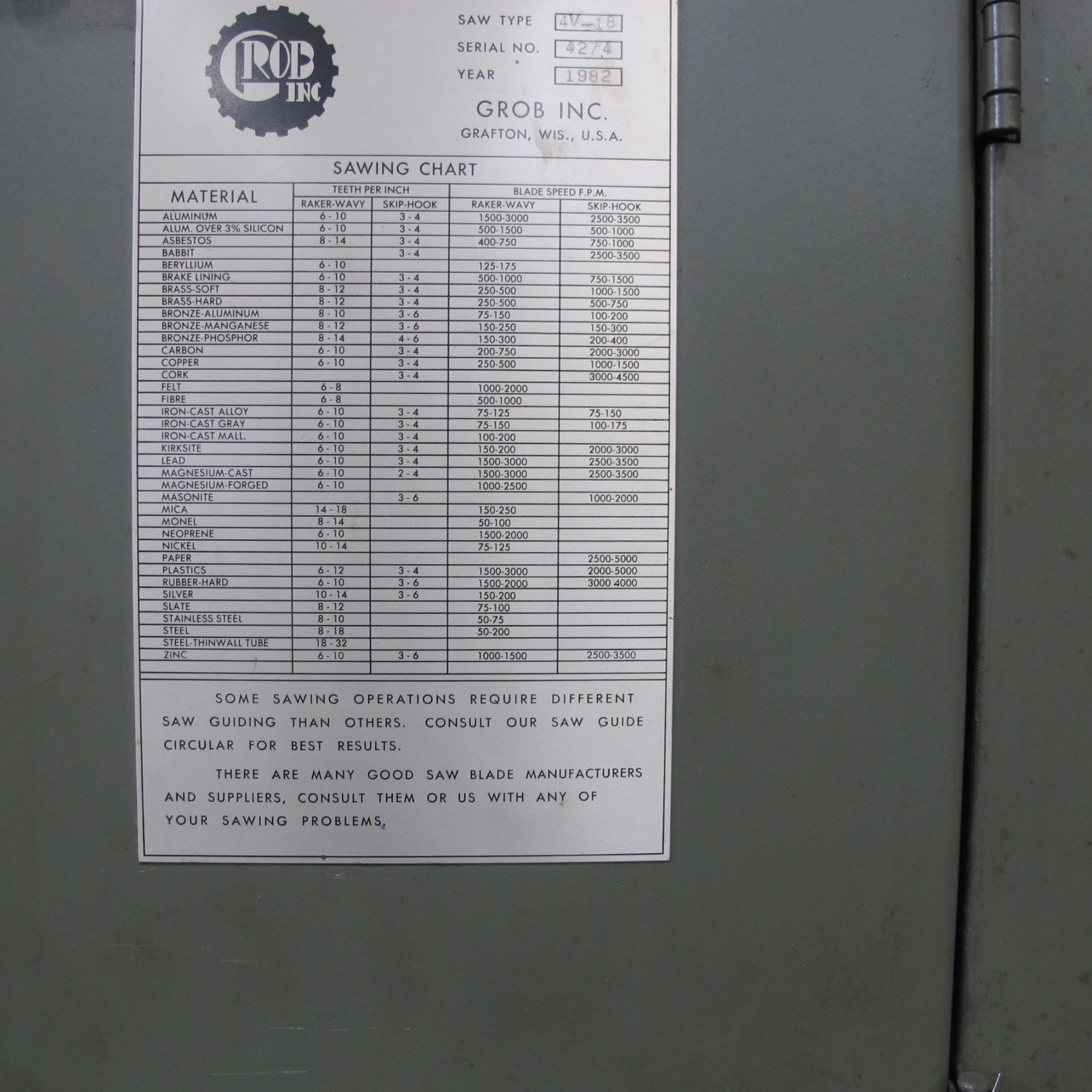 GROB VERTICAL METAL CUTTING BAND SAW, V4-18, W/BELT WELDER AND 24" X 28" TABLE, S/N 4274 - Image 3 of 7