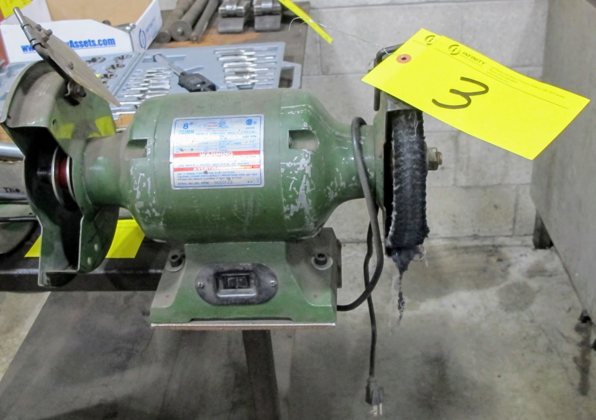 TOOLEY 8" BENCH GRINDER/POLISHER, 200B 8" BENCH GRINDER W/METAL TABLE, 26" X 48" W/1/2" PLATE