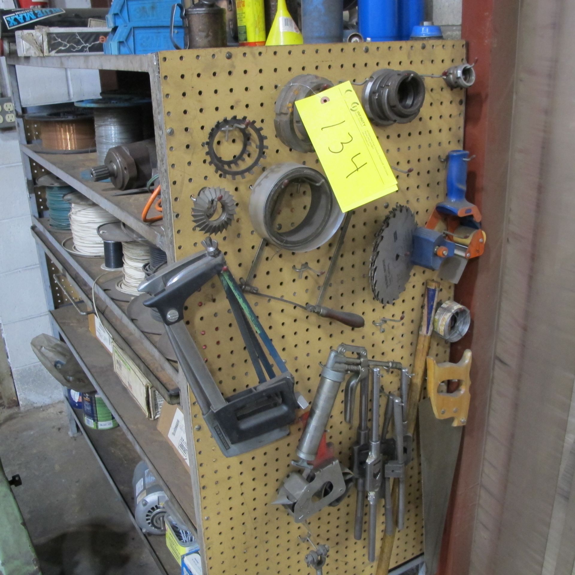 5 LEVEL SHELVING UNIT W/TOOLS, WIRE SPOOLS, WELDING WIRE, ELECTRODES, BAND SAW BLADES, ETC - Image 2 of 2