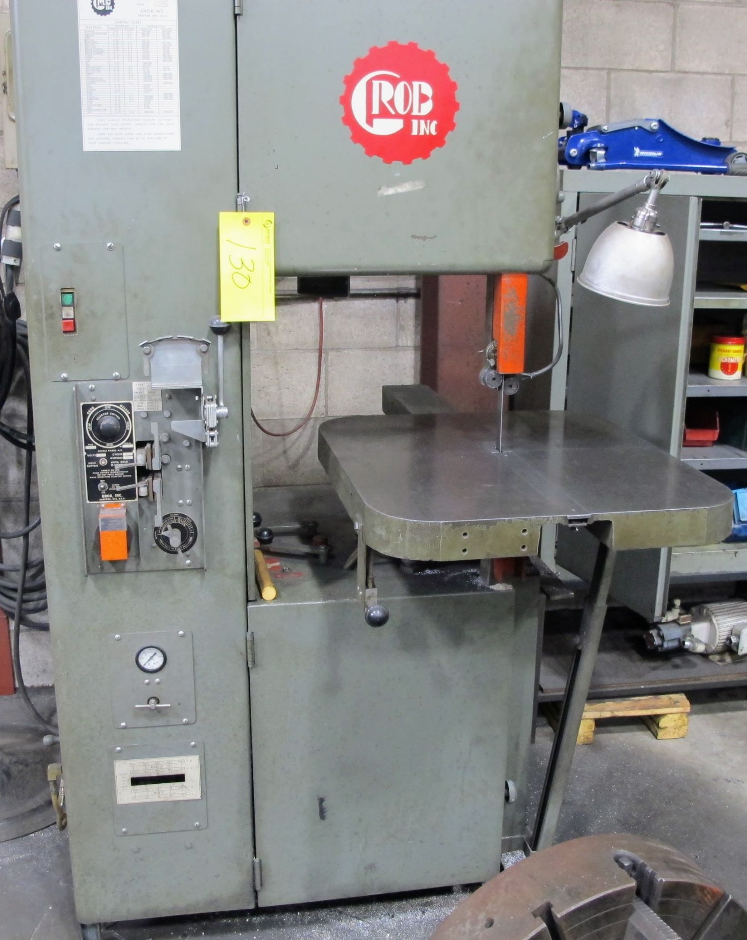 GROB VERTICAL METAL CUTTING BAND SAW, V4-18, W/BELT WELDER AND 24" X 28" TABLE, S/N 4274