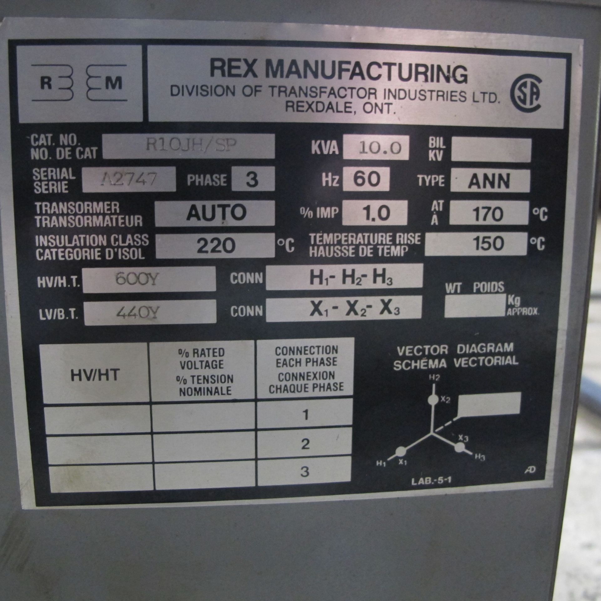 REX MANUFACTURING 10KVA TRANSFORMER 600V - 440V - Image 2 of 2