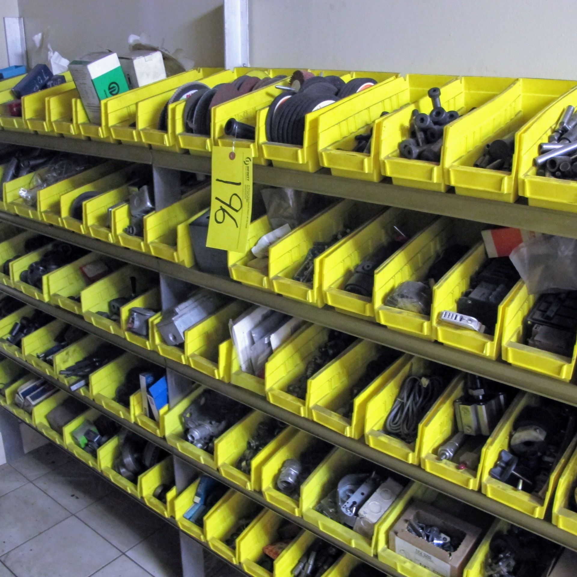 ALUMINUM SHELVING UNIT W/70 YELLOW BINS W/GRINDING/SANDING SUPPLIES, FASTENERS, SPRINGS, ALLAN KEYS,