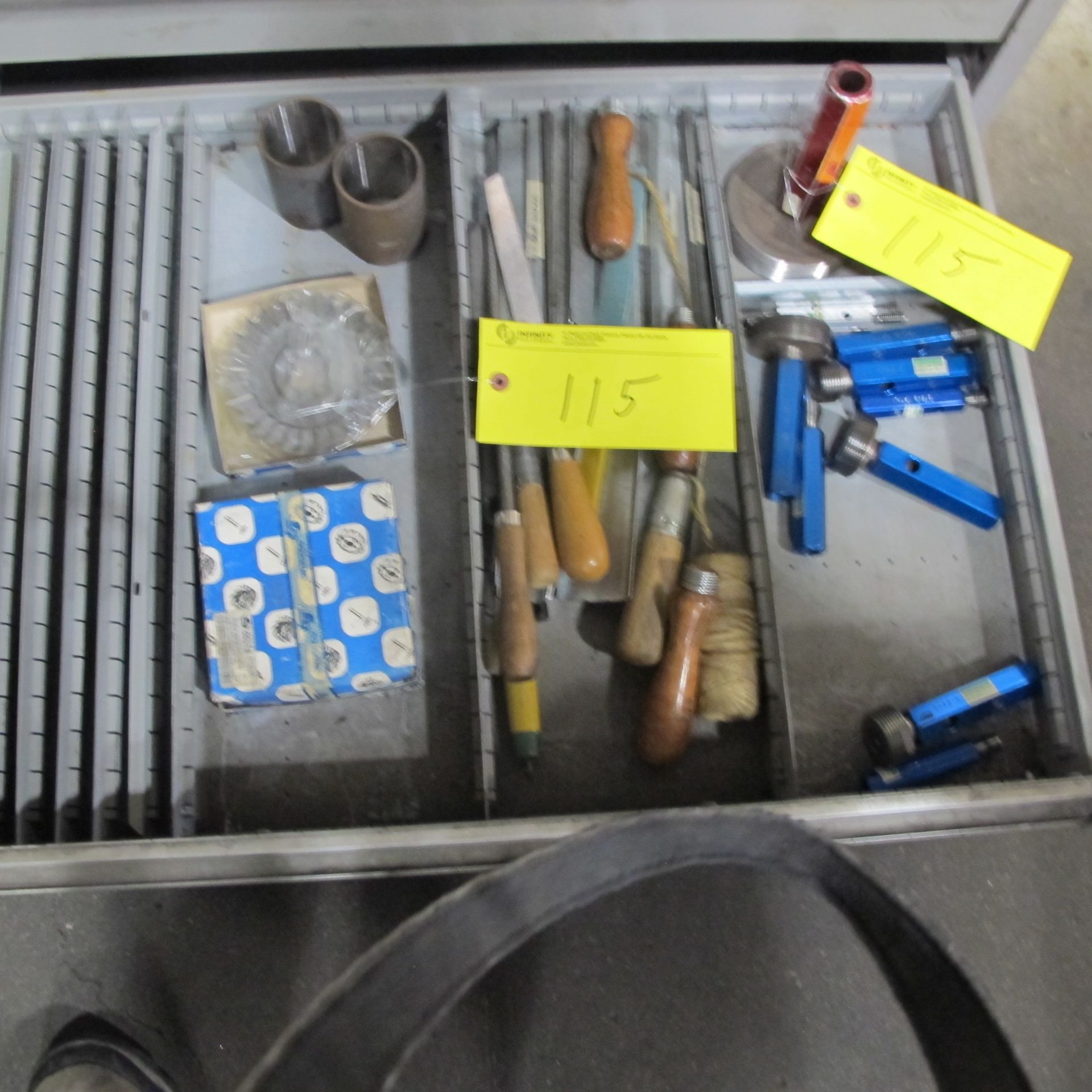 CONTENTS OF 1 DRAWER OF ROUSSEAU CABINET (FILES, GAUGES, CUTTING WHEELS, ETC)