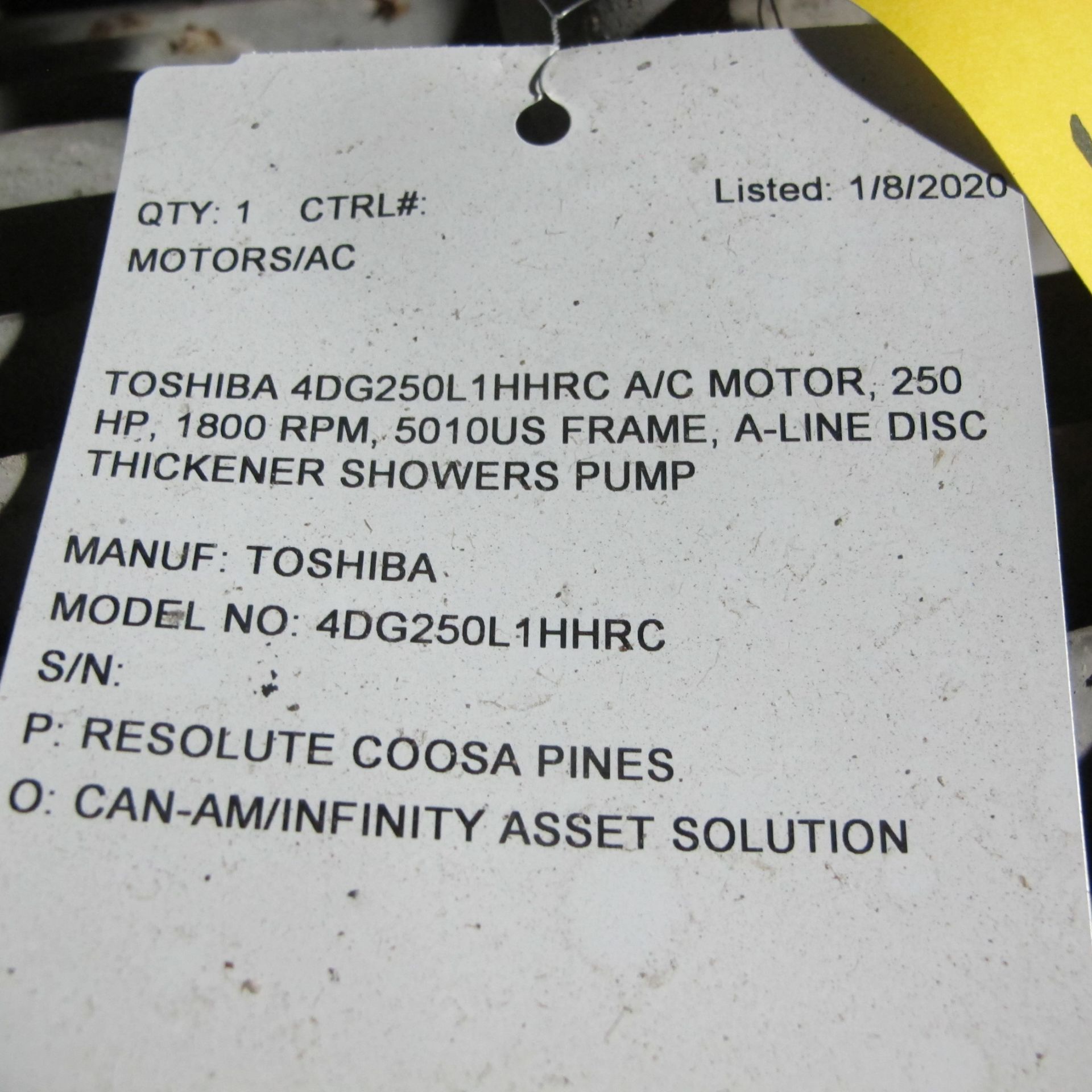 TOSHIBA 4DG250L1HHRC A/C MOTOR, 250 HP, 1800 RPM, 5010US FRAME, A-LINE DISC THICKENER SHOWERS - Image 3 of 3