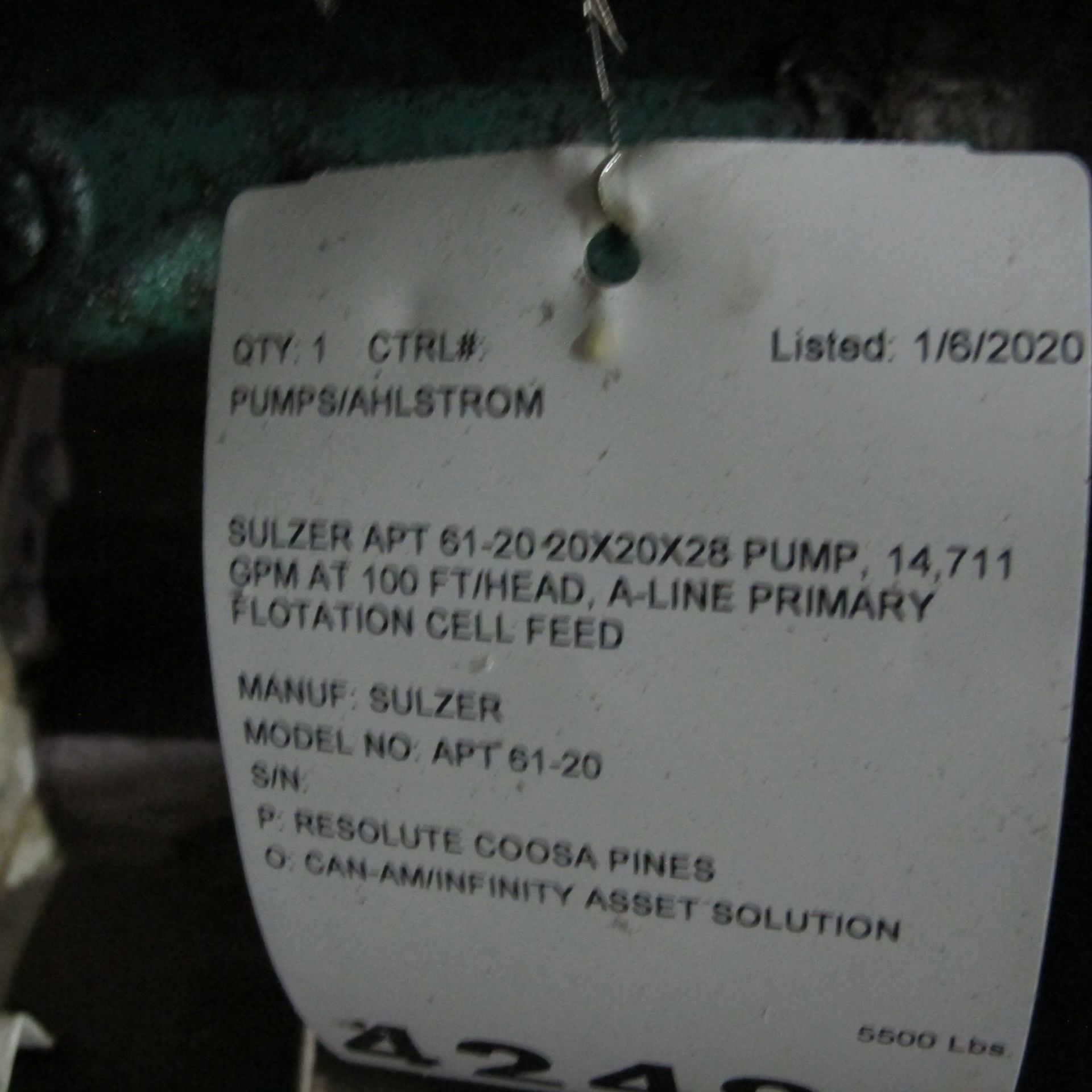 SULZER APT 61-20 20X20X28 PUMP, 14,711 GPM AT 100 FT/HEAD, A-LINE PRIMARY FLOTATION CELL FEED ( - Image 3 of 3