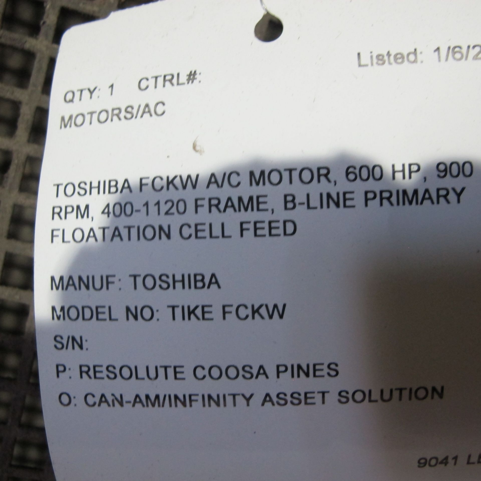 TOSHIBA FCKW A/C MOTOR, 600 HP, 900 RPM, 400-1120 FRAME, B-LINE PRIMARY FLOATATION CELL FEED ( - Image 3 of 3