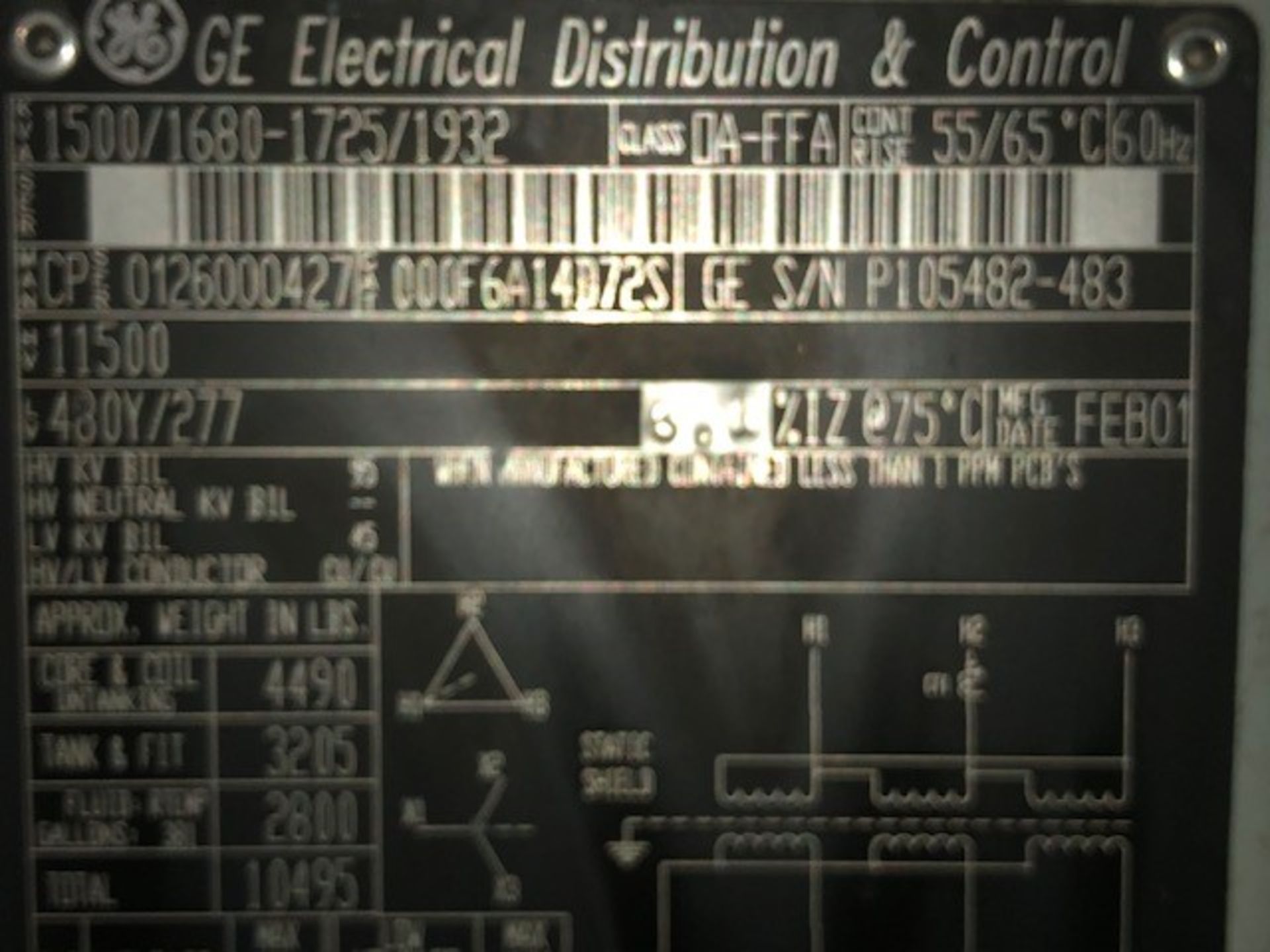 GE TRANSFORMER 11,500V, KVA 1,500 / 1,680 - 1,725 / 1,932 (OIL TYPE) TR16-1C - Image 4 of 4