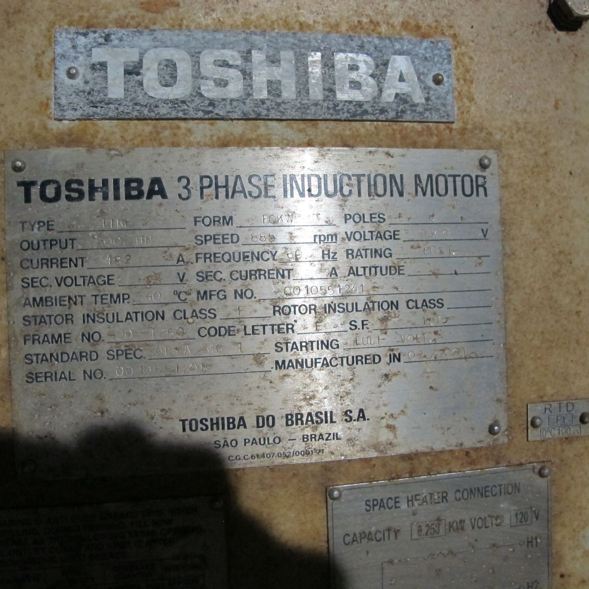 TOSHIBA TIKE FCKW A/C MOTOR, 800 HP, 900 RPM, 400-1120 FRAME, A-LINE PRIMARY FINE SCREENS FEED ( - Image 2 of 3