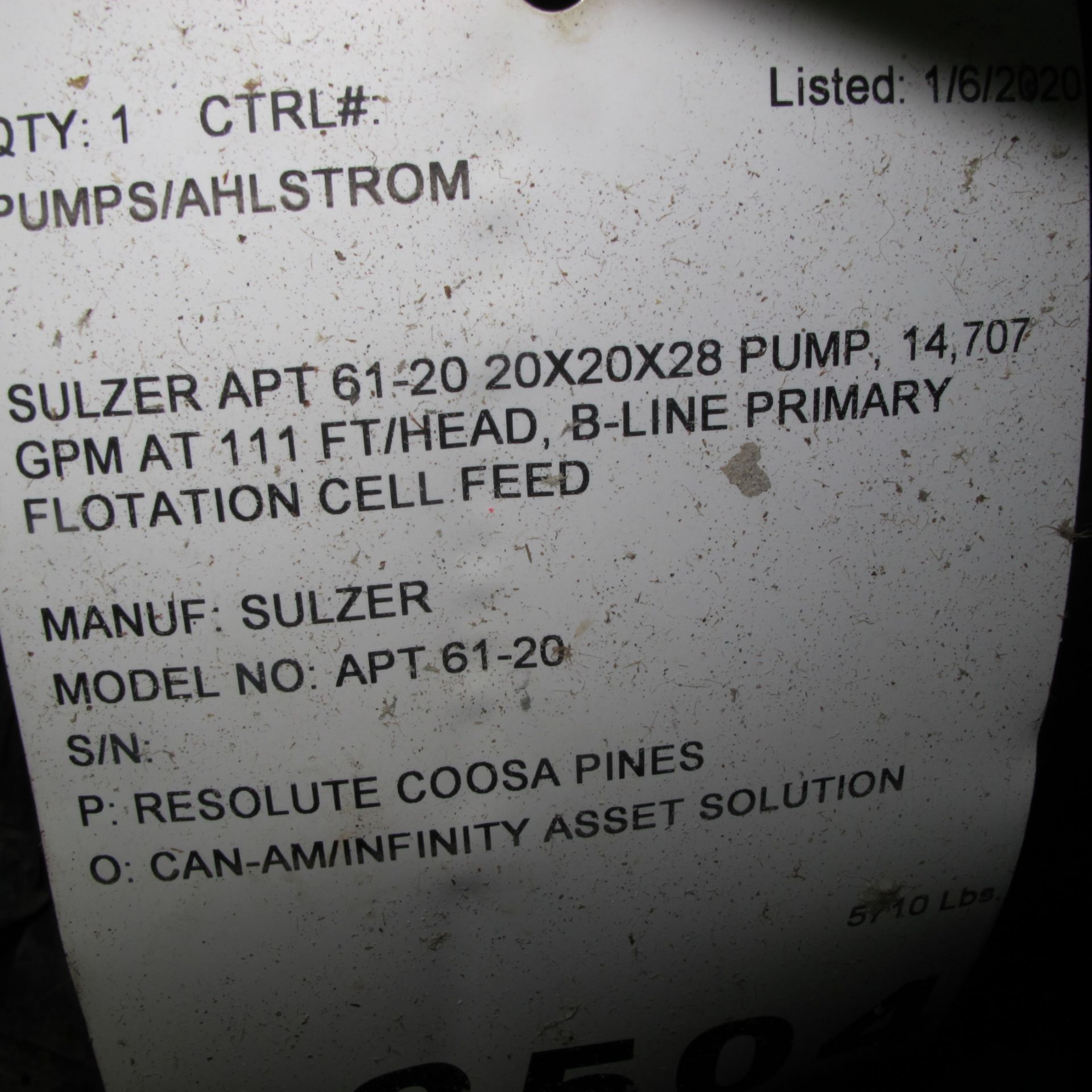 SULZER APT 61-20 20X20X28 PUMP, 14,707 GPM AT 111 FT/HEAD, B-LINE PRIMARY FLOTATION CELL FEED ( - Image 4 of 4