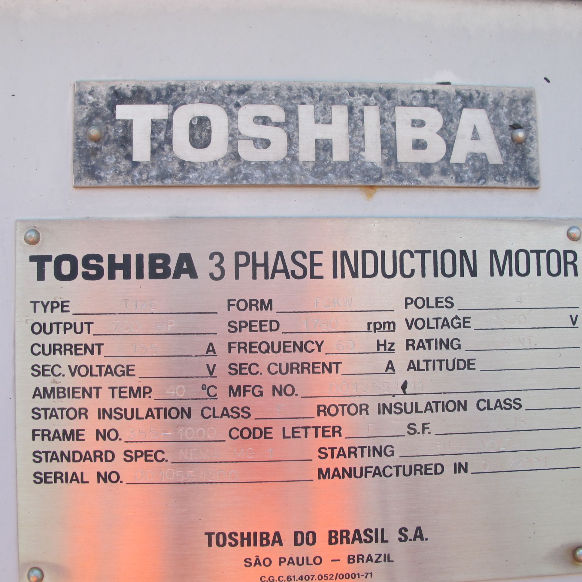 TOSHIBA 700 HP TIKE FCKW MOTOR, 7,233LB (A LINE #1 DRUM PULPER MOTOR) - Image 2 of 3