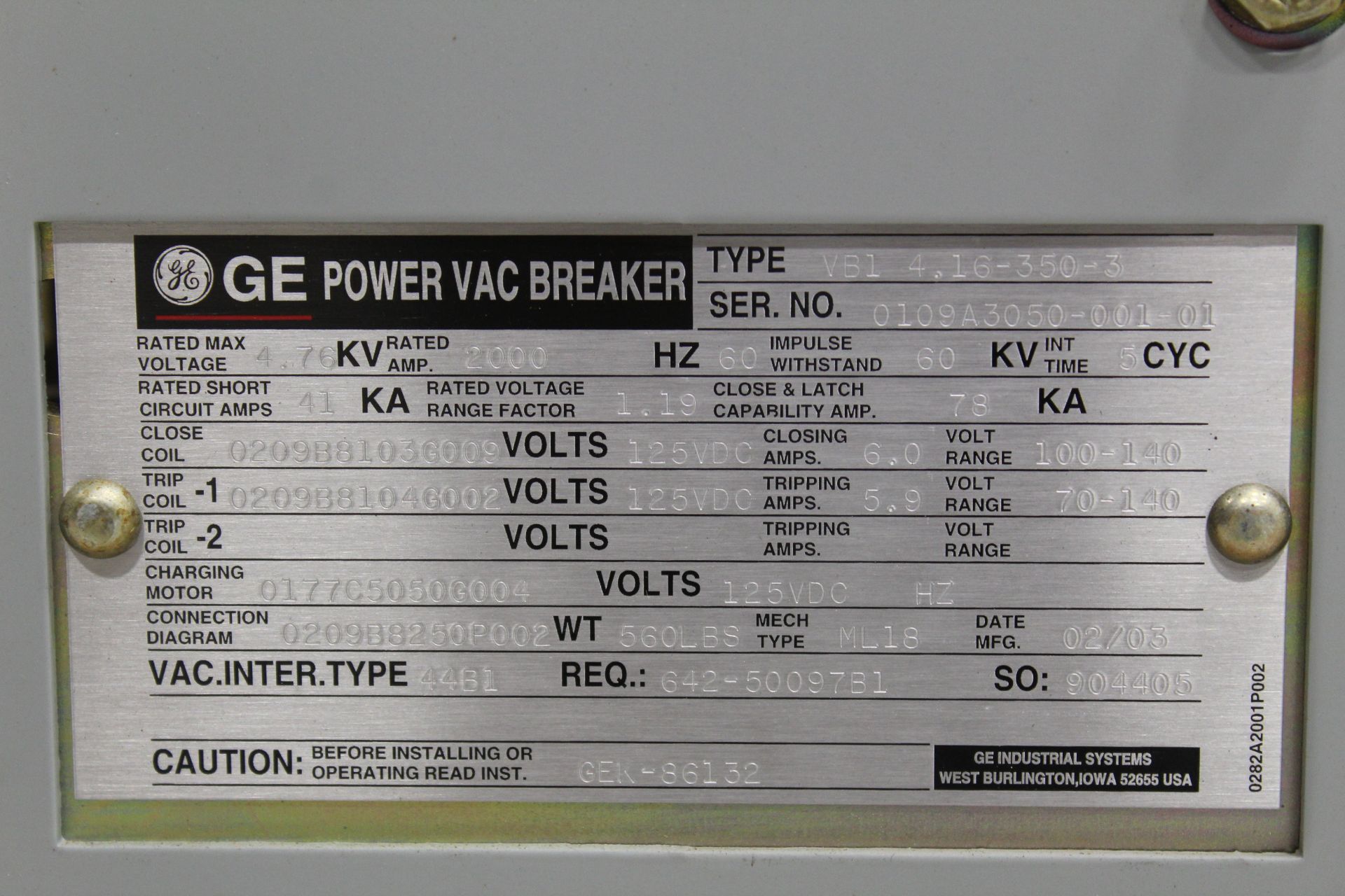 GENERAL ELECTRIC VB14. 16-350-3 CIRCUIT BREAKER, 4.76 KV, 350 MVA POWER VAC, 125 VDC TRIP, CLOSE AND - Image 5 of 5