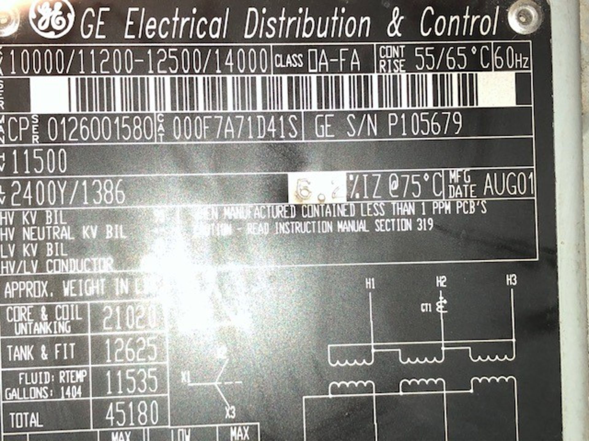 GE TRANSFORMER 11,500V, KVA 10,000 / 11,200 - 12,500 / 14,000 (OIL TYPE) TR16-1A - Image 4 of 4