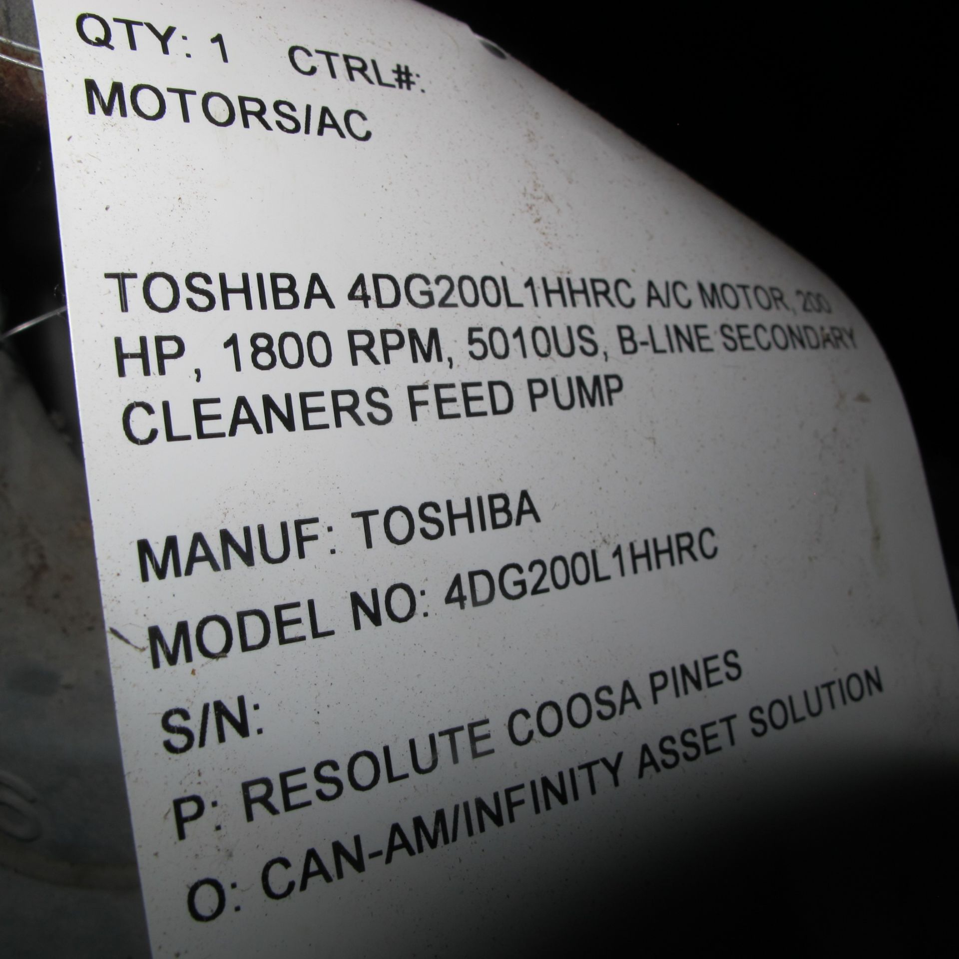 TOSHIBA 4DG200L1HHRC A/C MOTOR, 200 HP, 1800 RPM, 5010US, B-LINE SECONDARY CLEANERS FEED PUMP ( - Image 3 of 3