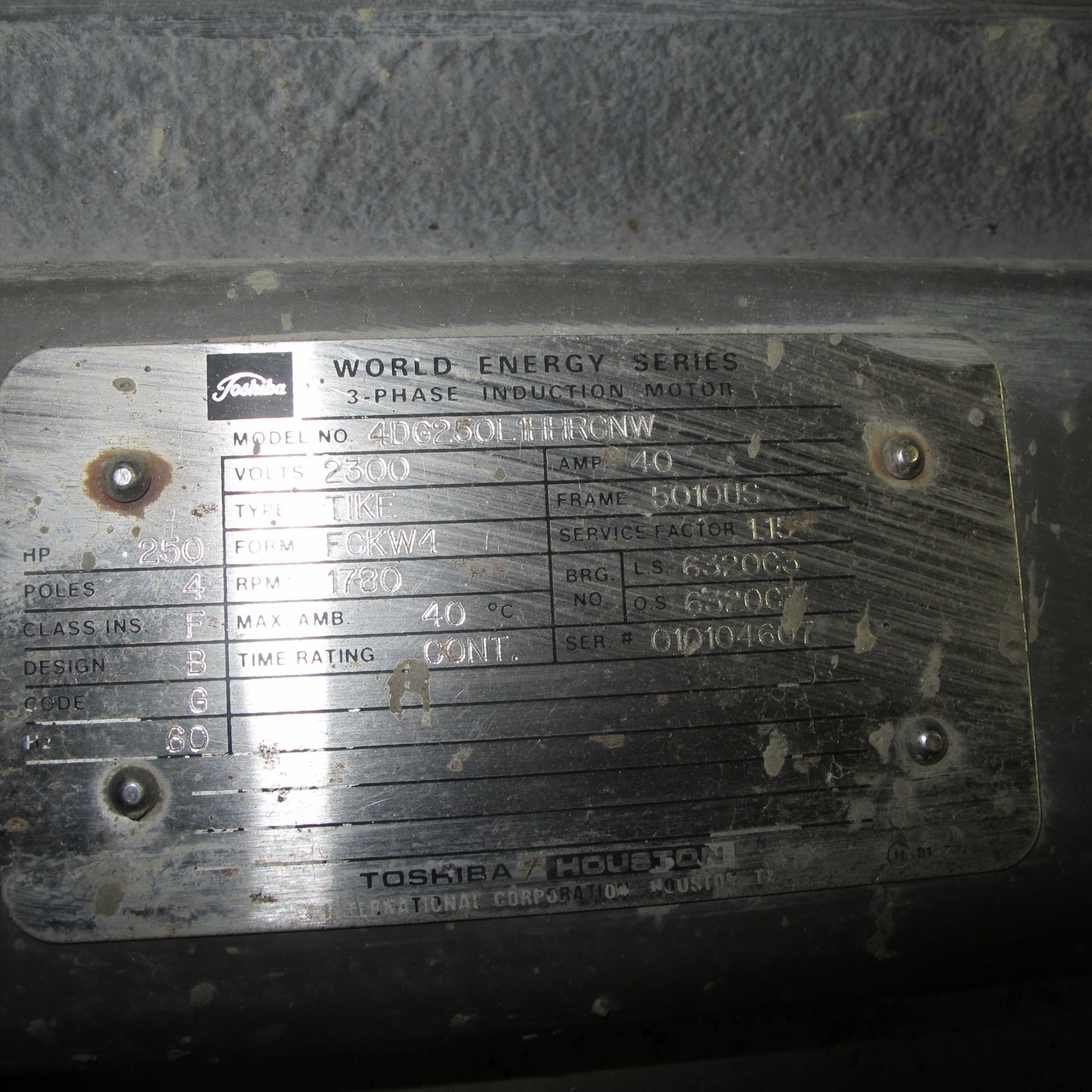 TOSHIBA 4DG250L1HHRC A/C MOTOR, 250 HP, 1800 RPM, 5010US FRAME, A-LINE DISC THICKENER SHOWERS - Image 2 of 3