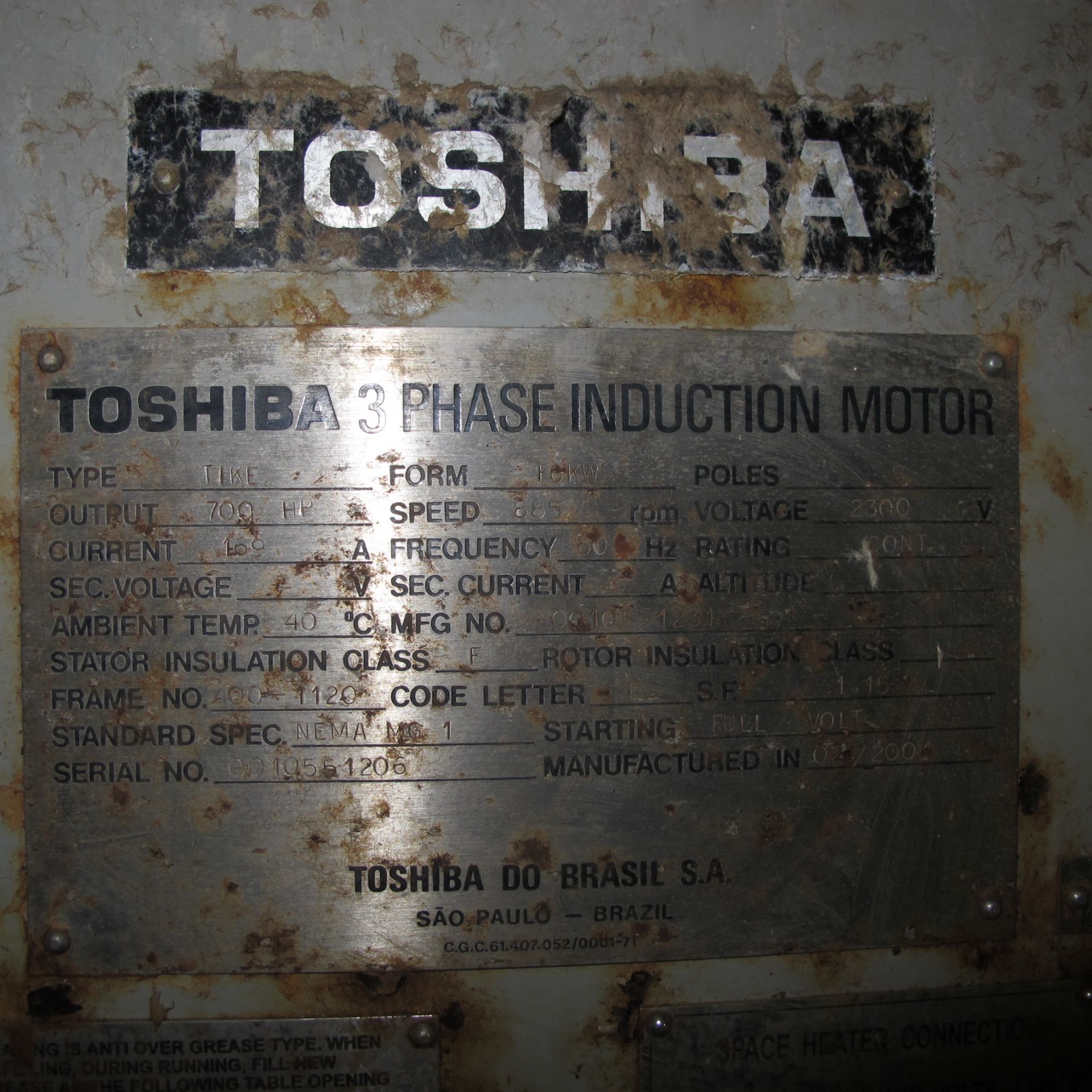 TOSHIBA TIKE FCKW A/C MOTOR, 700 HP, 900 RPM, 400-1120 FRAME, B-LINE PRIMARY CLEANERS FEED PUMP ( - Image 2 of 3