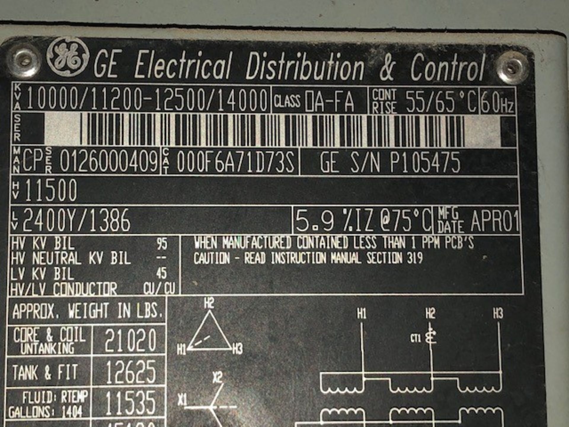 GE TRANSFORMER 11,500V, KVA 10,000 / 11,200 - 12,500 / 14,000 (OIL TYPE) TR16-1A - Image 4 of 4