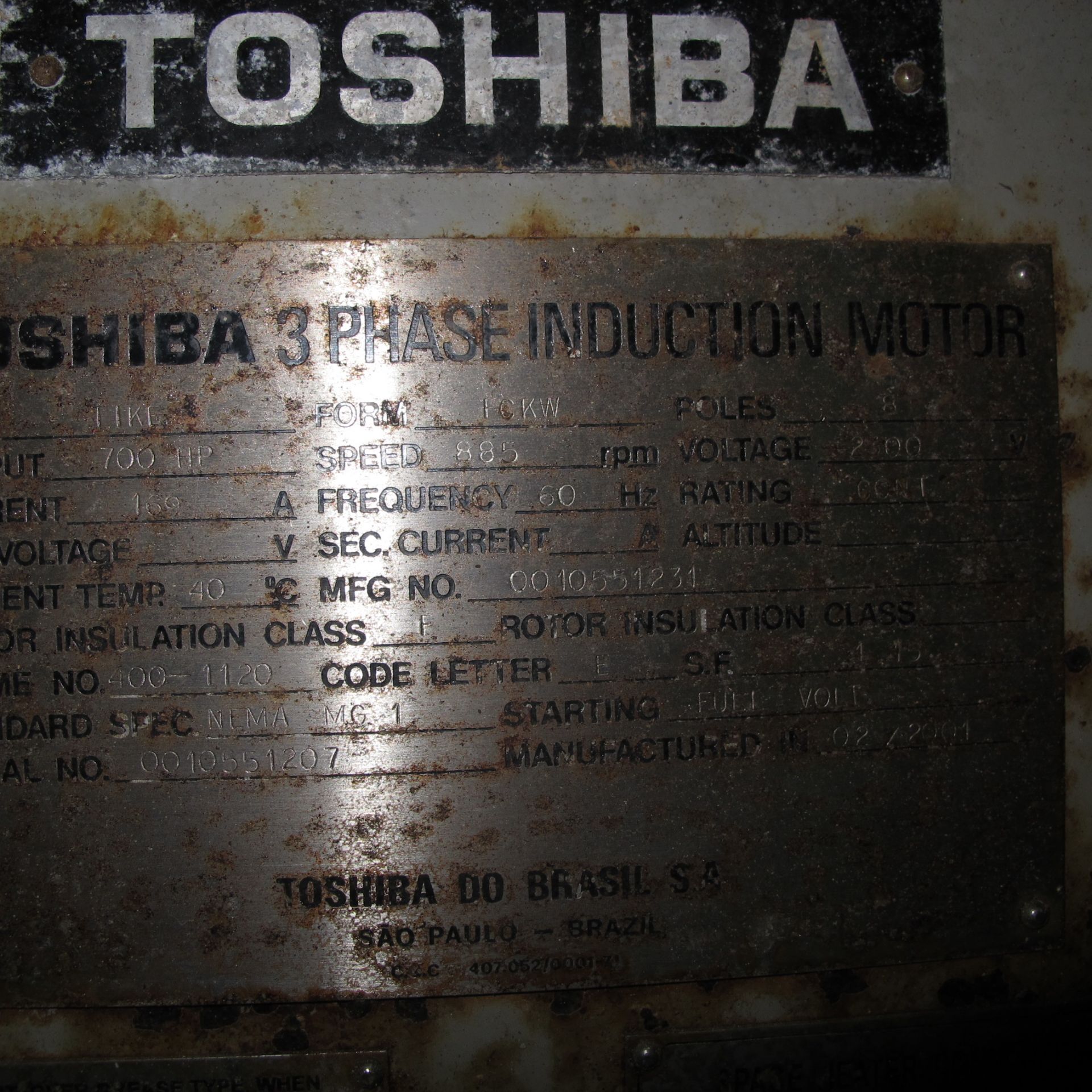 TOSHIBA TIKE FCKW A/C MOTOR, 700 HP, 900 RPM, 400-1120 FRAME, A-LINE PRIMARY CLEANERS FEED PUMP ( - Image 2 of 3