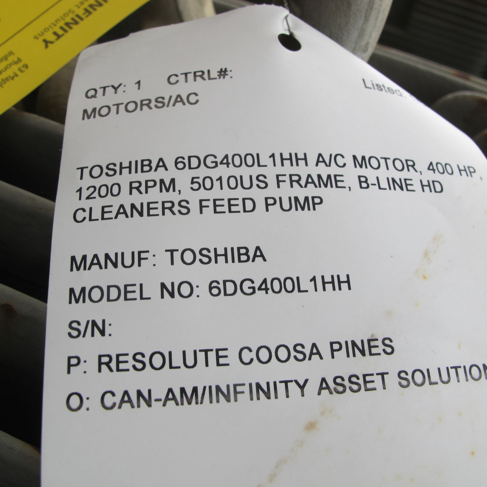 TOSHIBA 6DG400L1HH A/C MOTOR, 400 HP, 1200 RPM, 5010US FRAME, B-LINE HD CLEANERS FEED PUMP (42483) - Image 3 of 3