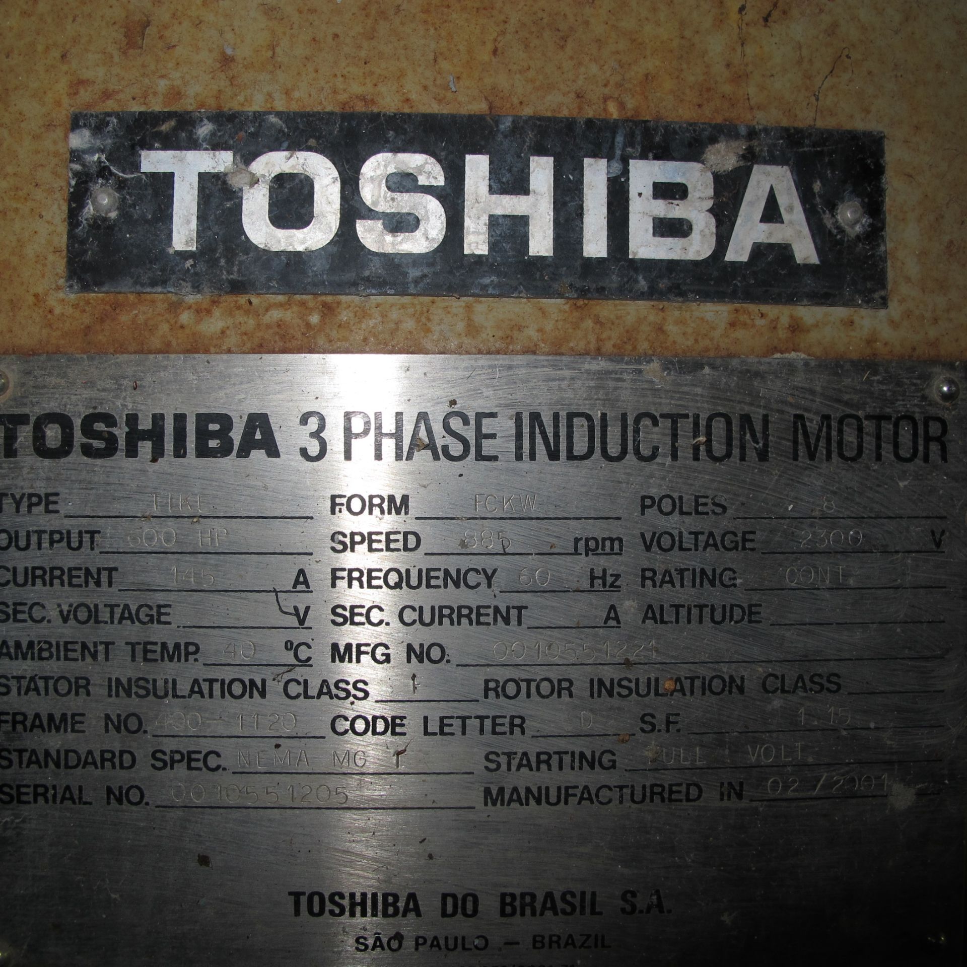 TOSHIBA FCKW A/C MOTOR, 600 HP, 900 RPM, 400-1120 FRAME, B-LINE PRIMARY FLOATATION CELL FEED ( - Image 2 of 3