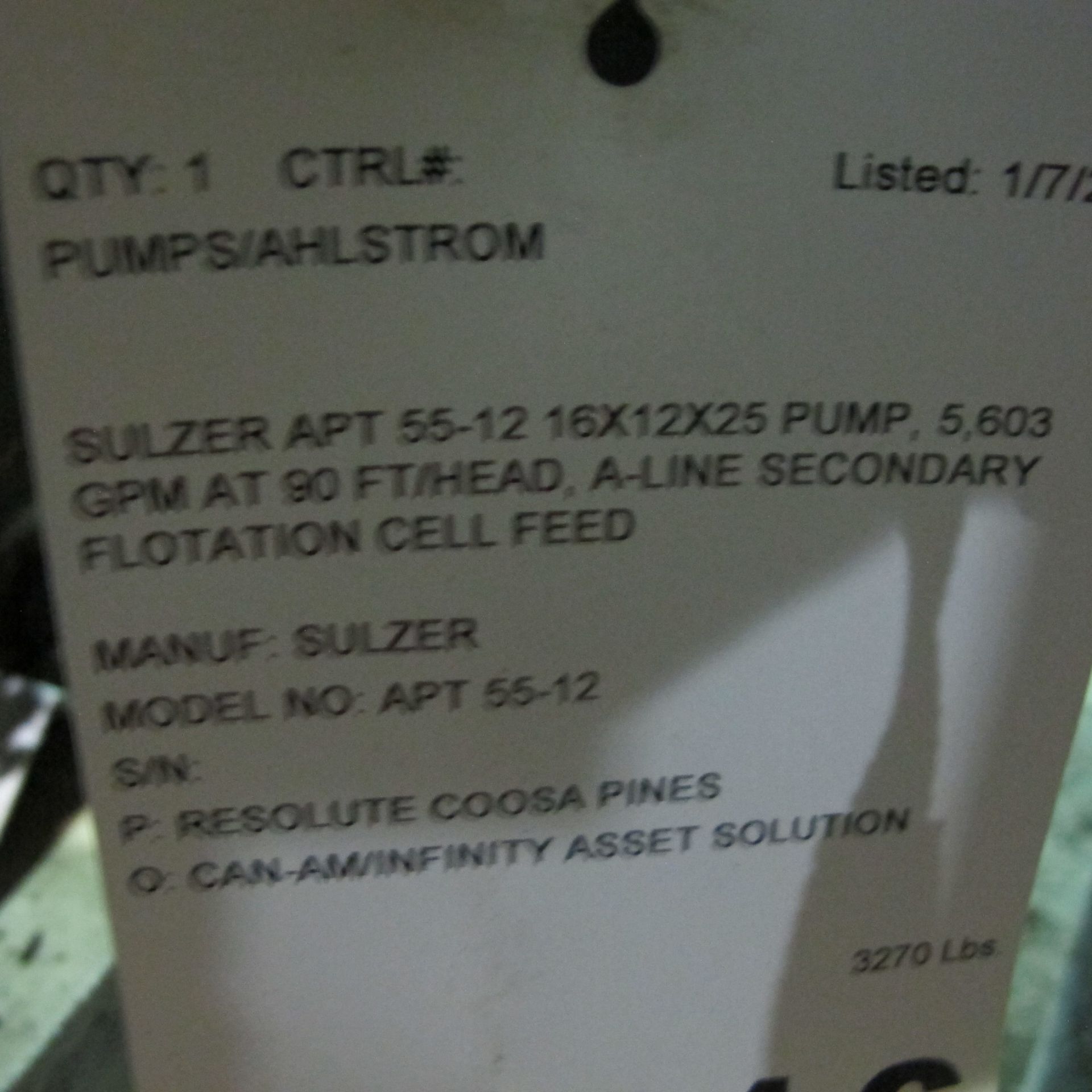 SULZER APT 55-12 16X12X25 PUMP, 5,603 GPM AT 90 FT/HEAD, A-LINE SECONDARY FLOTATION CELL FEED ( - Image 4 of 4