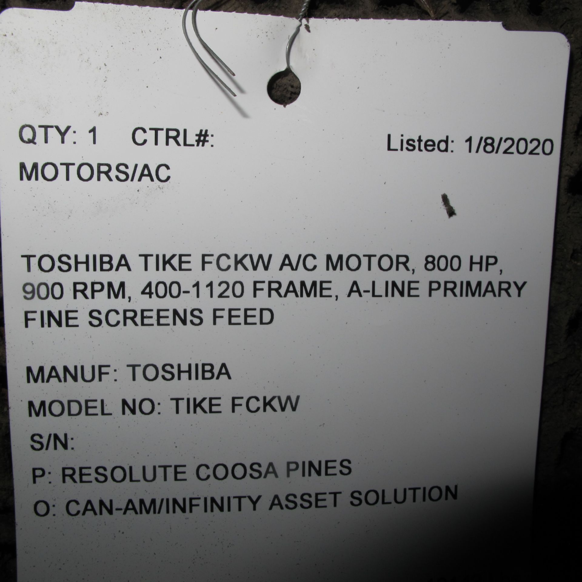 TOSHIBA TIKE FCKW A/C MOTOR, 800 HP, 900 RPM, 400-1120 FRAME, A-LINE PRIMARY FINE SCREENS FEED ( - Image 3 of 3