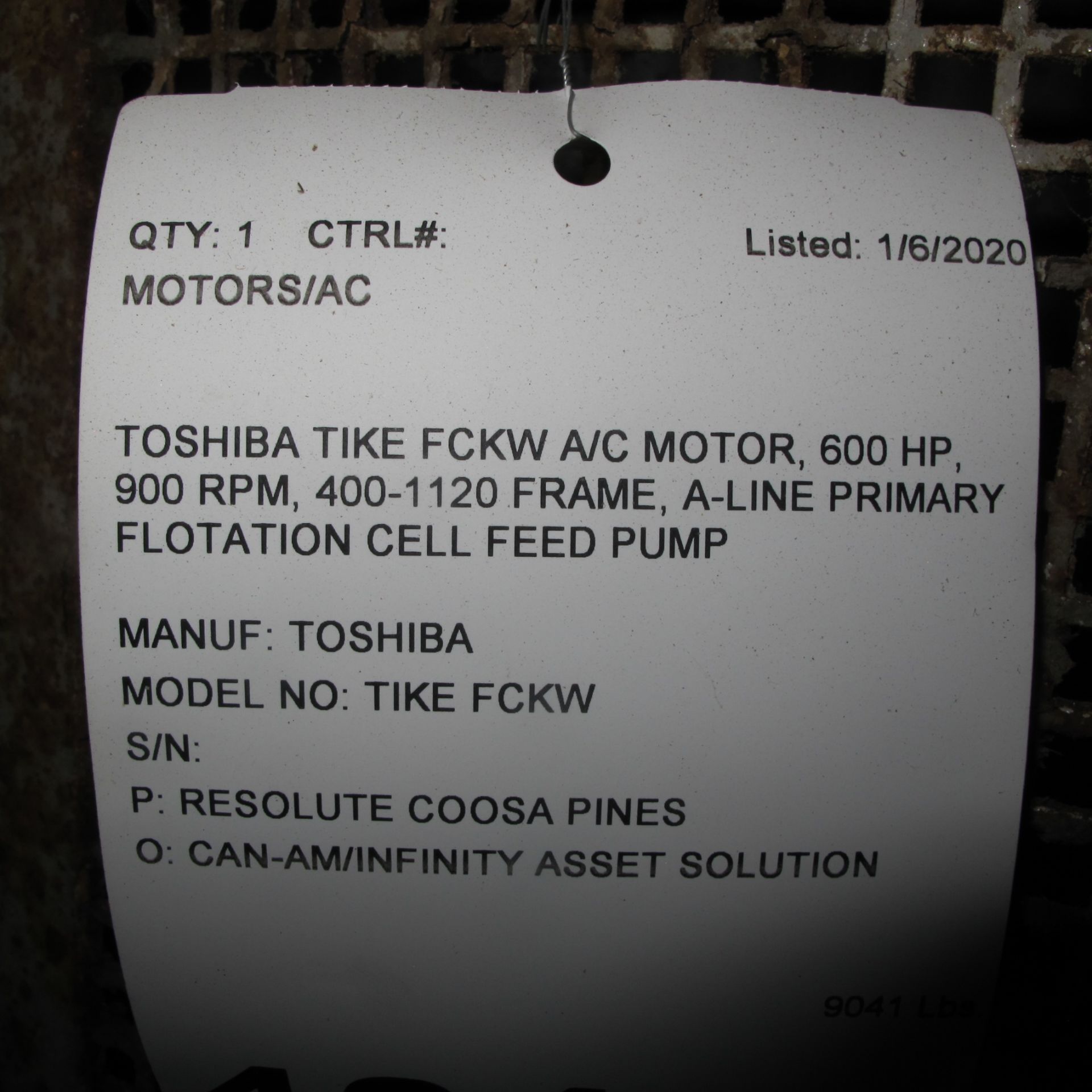 TOSHIBA TIKE FCKW A/C MOTOR, 600 HP, 900 RPM, 400-1120 FRAME, A-LINE PRIMARY FLOTATION CELL FEED - Image 3 of 3