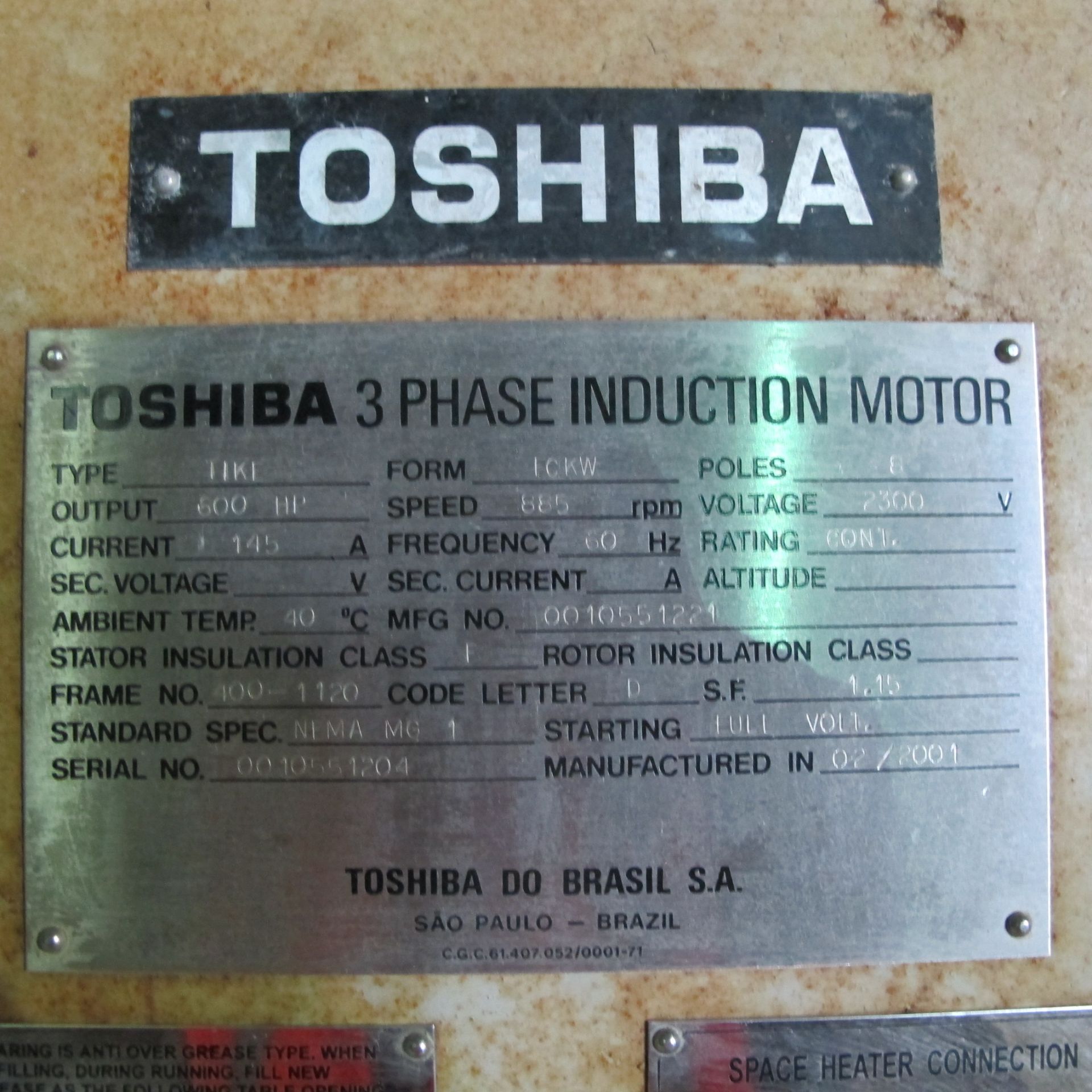 TOSHIBA TIKE FCKW A/C MOTOR, 600 HP, 900 RPM, 400-1120 FRAME, A-LINE PRIMARY FLOTATION CELL FEED - Image 2 of 3