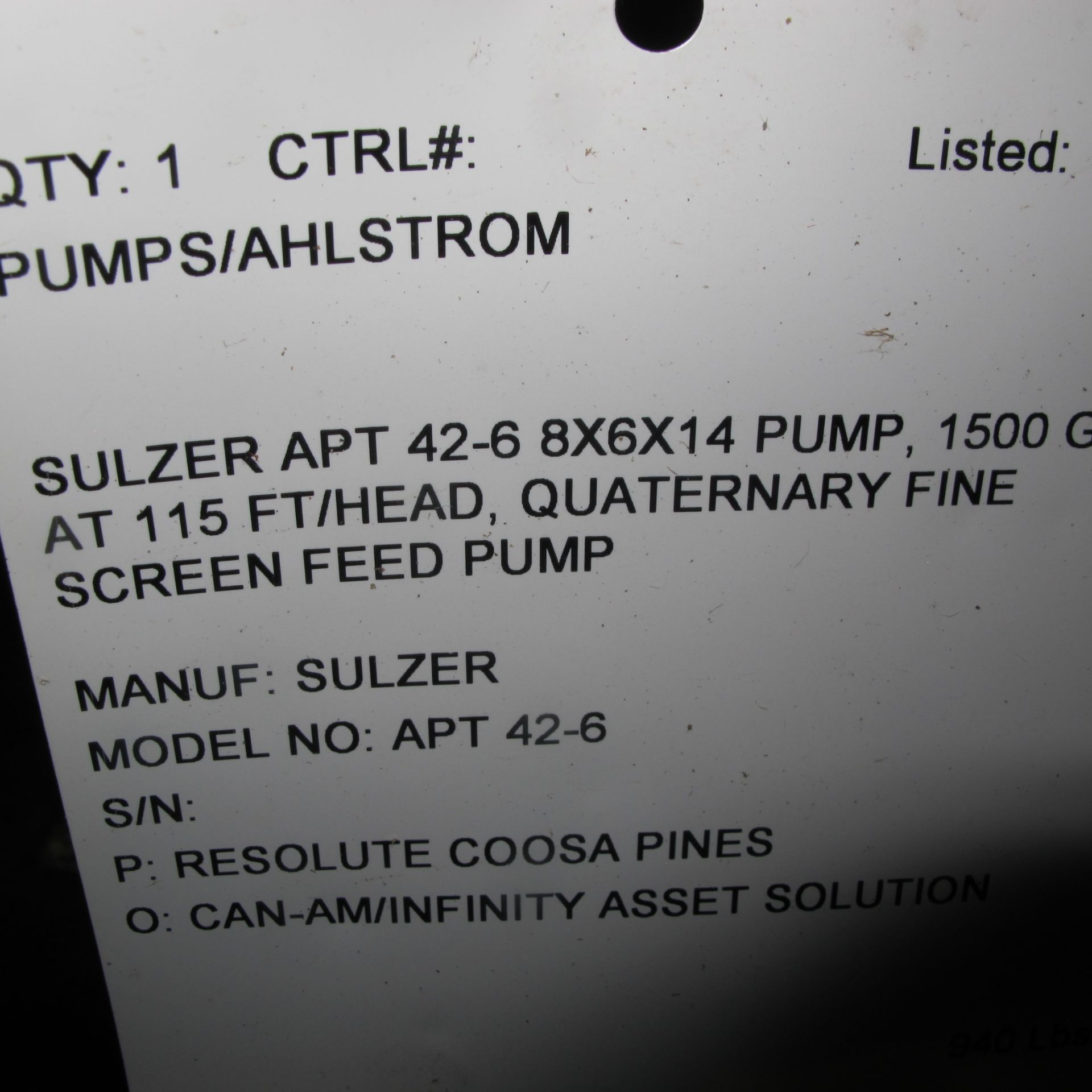 SULZER APT 42-6 8X6X14 PUMP, 1500 GPM AT 115 FT/HEAD, QUATERNARY FINE SCREEN FEED (42553) - Image 4 of 4