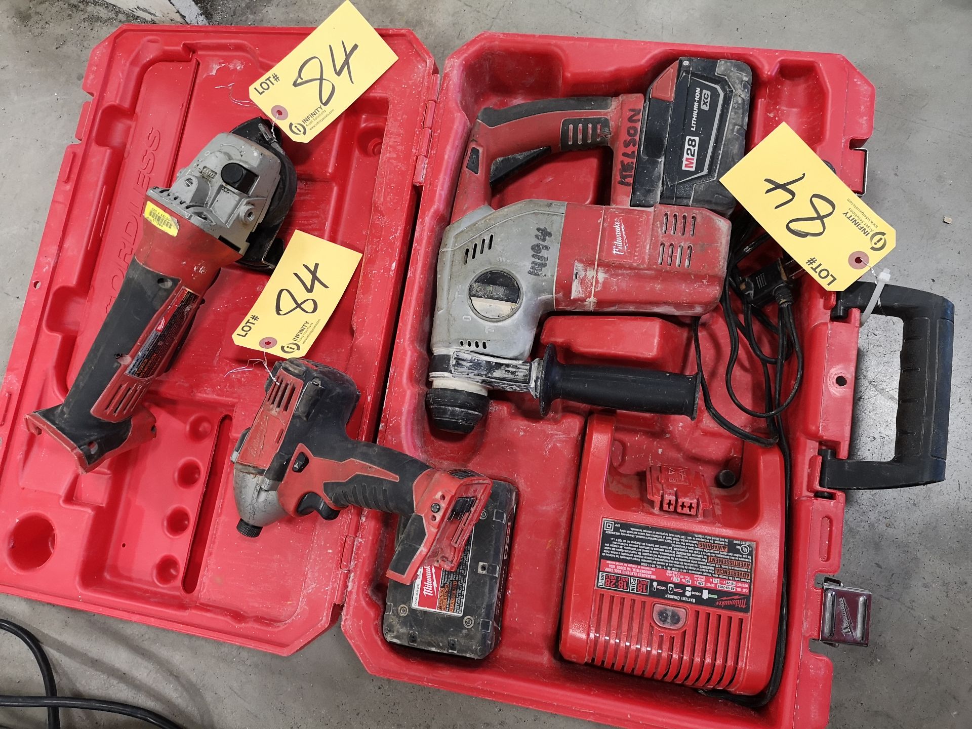 MILWAUKEE M28 ROTARY HAMMER DRILL W/ (2) BATTERIES AND CHARGER, MILWAUKEE M18 4-1/2" CUTOFF/