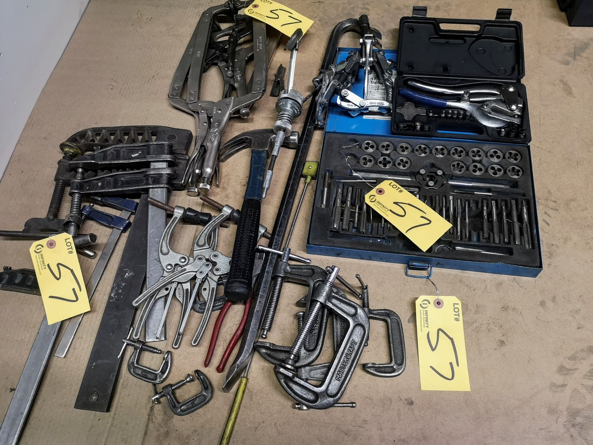 LOT ASST. CLAMPS, GEAR PULLERS, TAP SET, ETC.