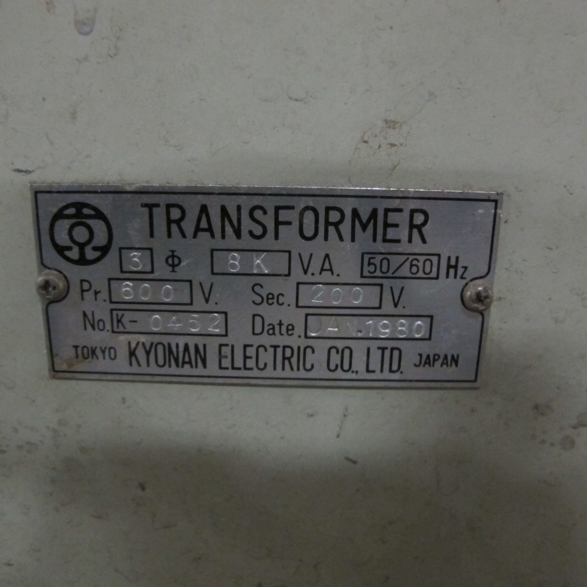 KYONAN TRANSFORMER, 3 PHASE, 8KVA, 600V - 200V - Image 2 of 3