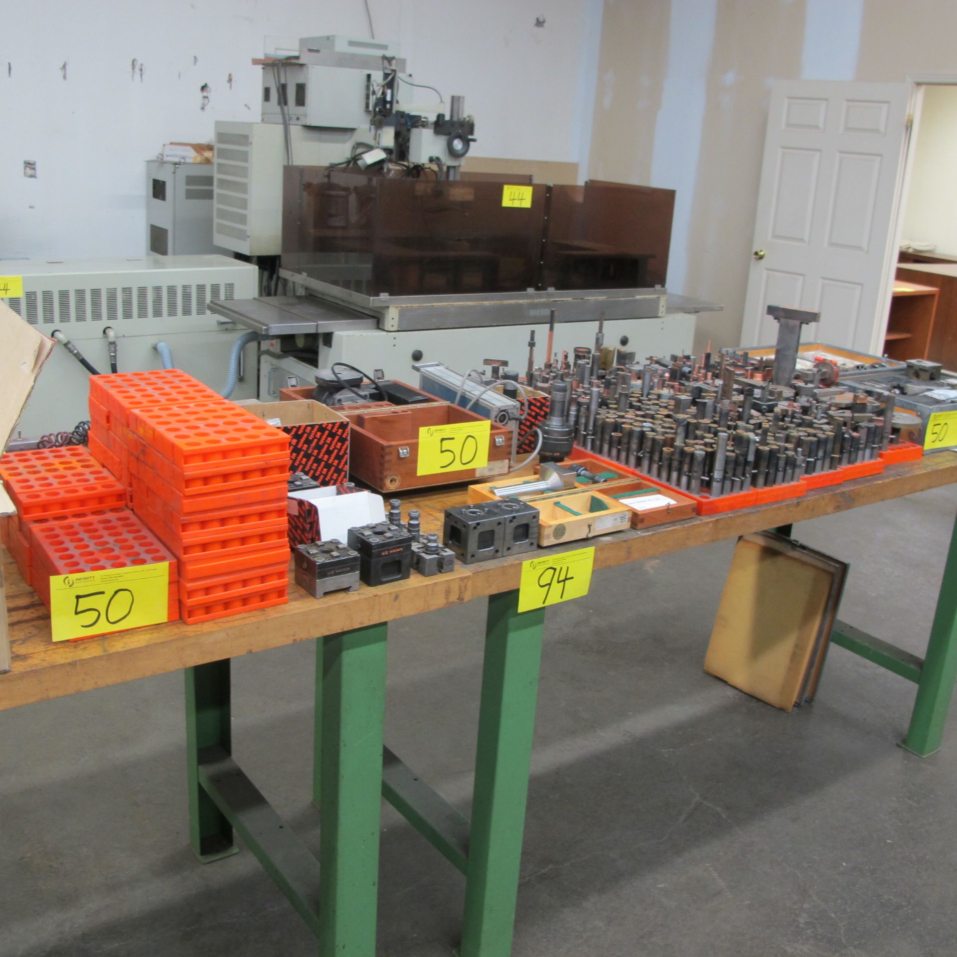 LOT OF SYSTEM R3 EDM BLOCKS, TRAYS, SPINDLES, SPEED CONTROLLER AND ELECTRODES