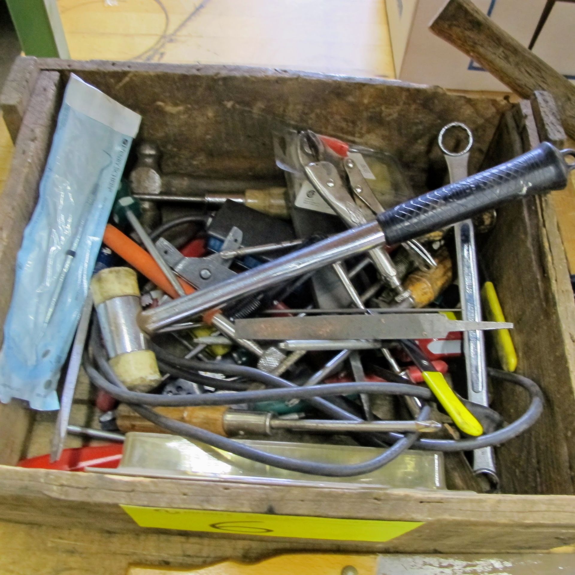 LOT OF 3 WOOD CRATES W/HAND TOOLS, PIPE CUTTERS, SAWS, PIPE WRENCH, HAMMERS, FILES, DRIVERS, ETC - Image 2 of 4